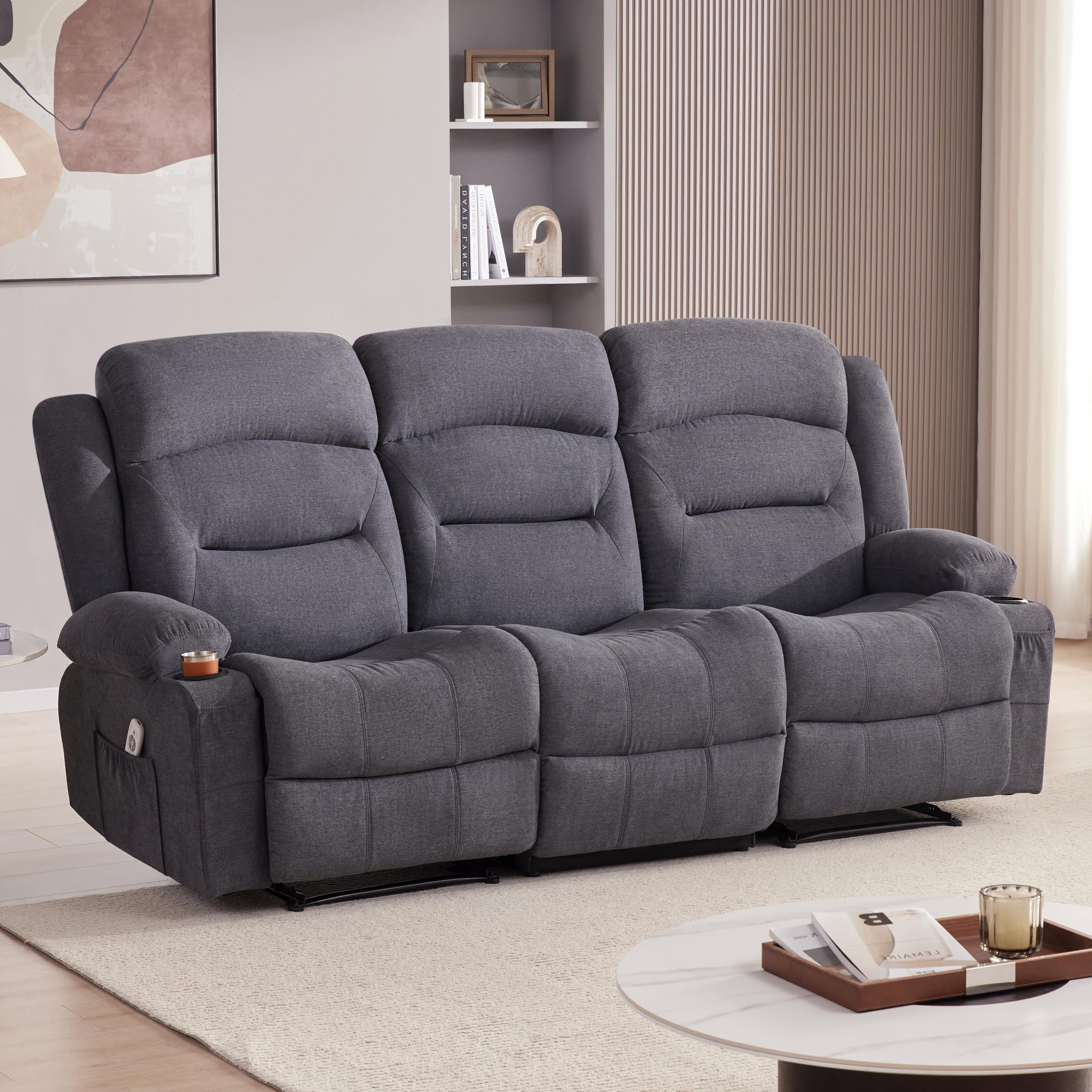 Oversized Recliner Loveseat with Heat and Massage, Wall-Hugger Reclining Sofa with Cup Holders and USB Port, Big Large 2-Seater Double RV Recliner Loveseat for Living Room (Fabric, Grey)