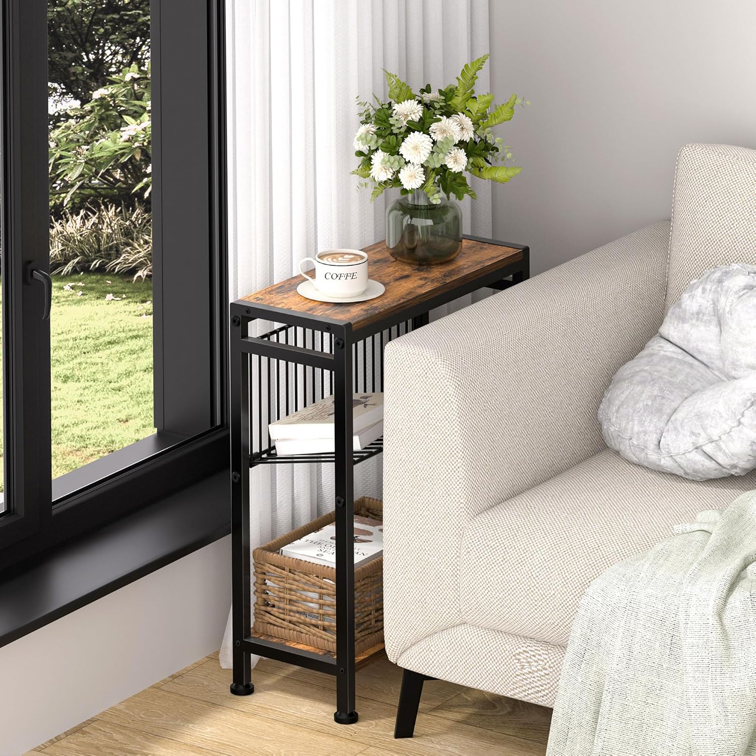 Small Side Table for Small Space, 3-Tier Narrow End Table with Magazine Holder,Slim Nightstand, Skinny Snack Couch Table in Living Room, Bedroom Study and Balcony (Rustic Brown &Black)