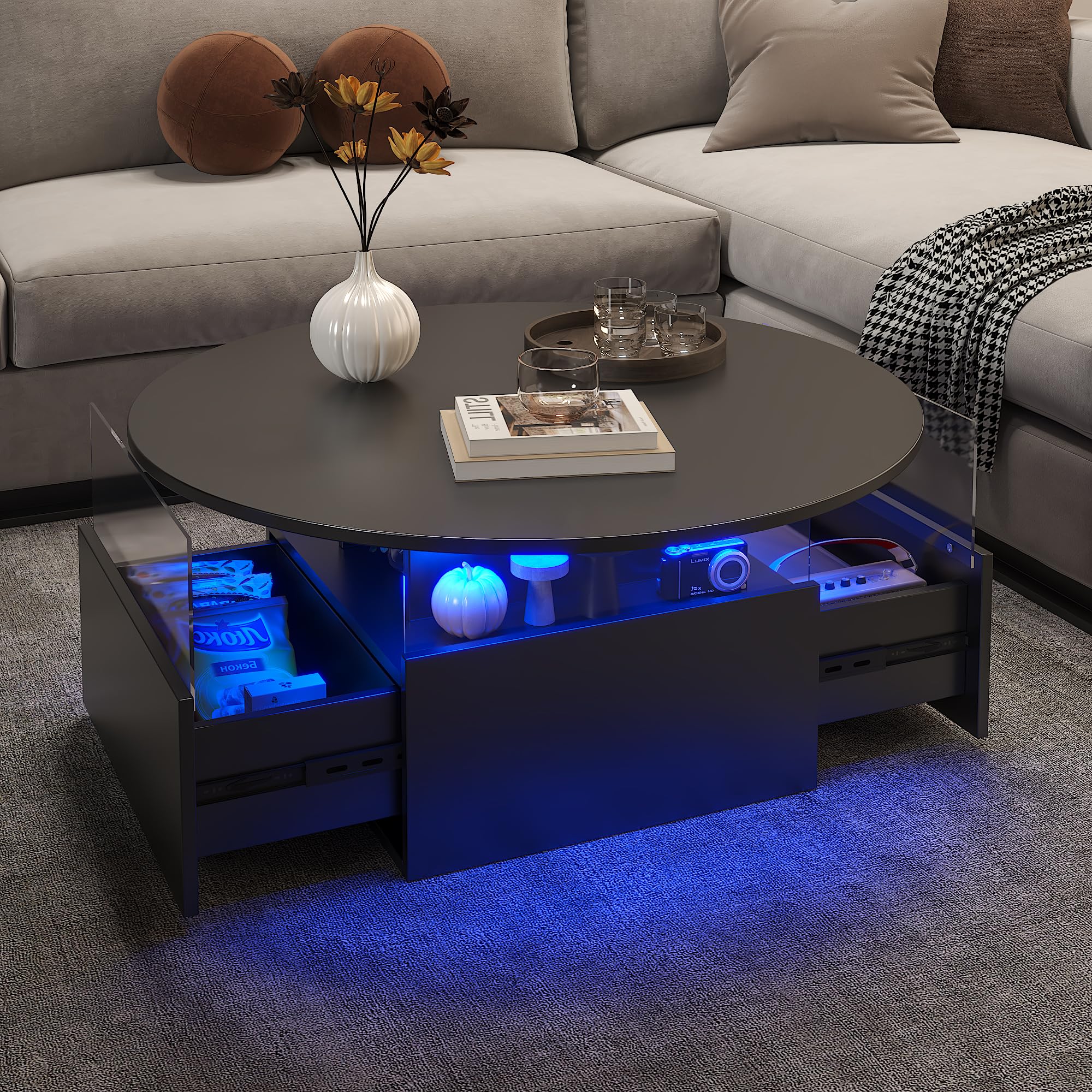 31.5" Round Coffee Table for Living Room, LED Modern Living Room Table with Storage, Square Acrylic Coffee Tables with 2 Sliding Drawers, Wood Center Table for Reception Dinning Room, White