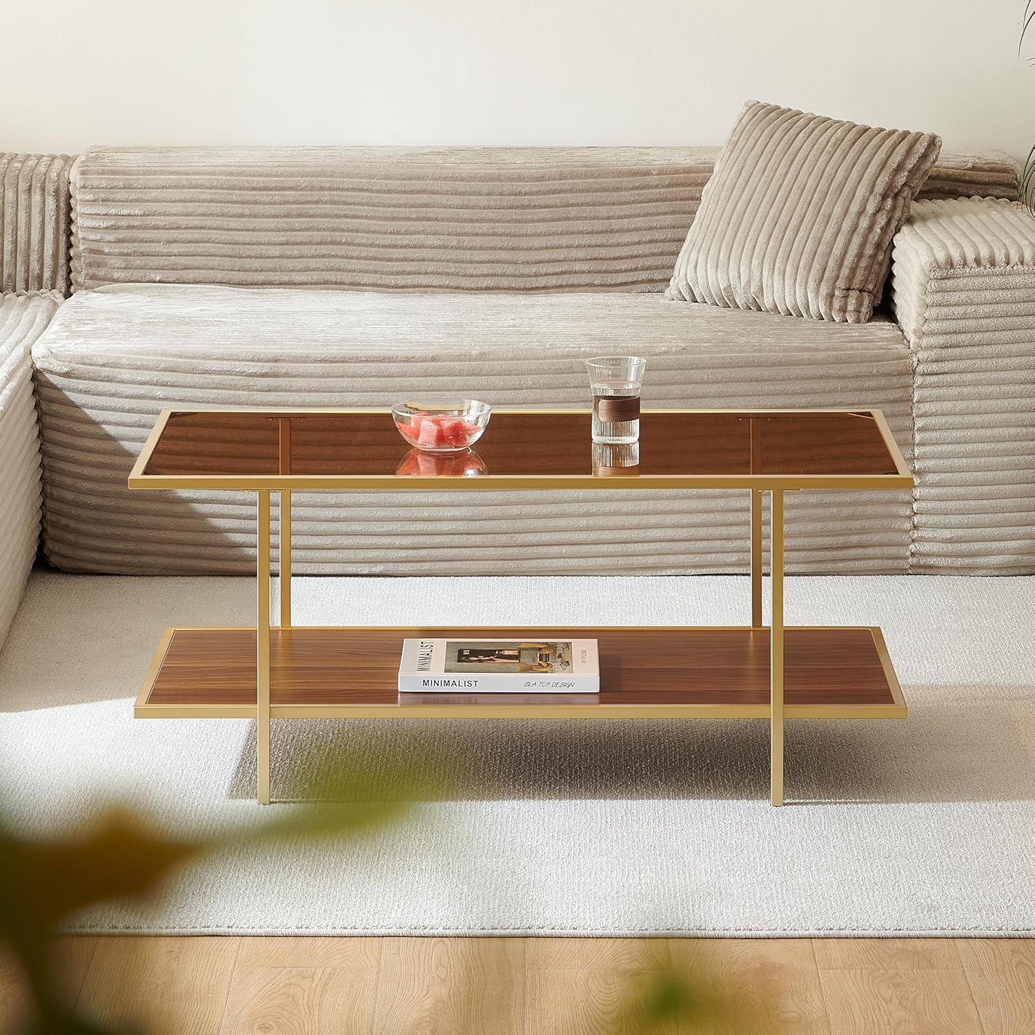 Modern Rectangle Glass Coffee Table with Amber Glass Top, Rectangle Glass Table for Living Room, L41''×W19''×H18'', Gold Table Legs Structure & Amber Glass Top
