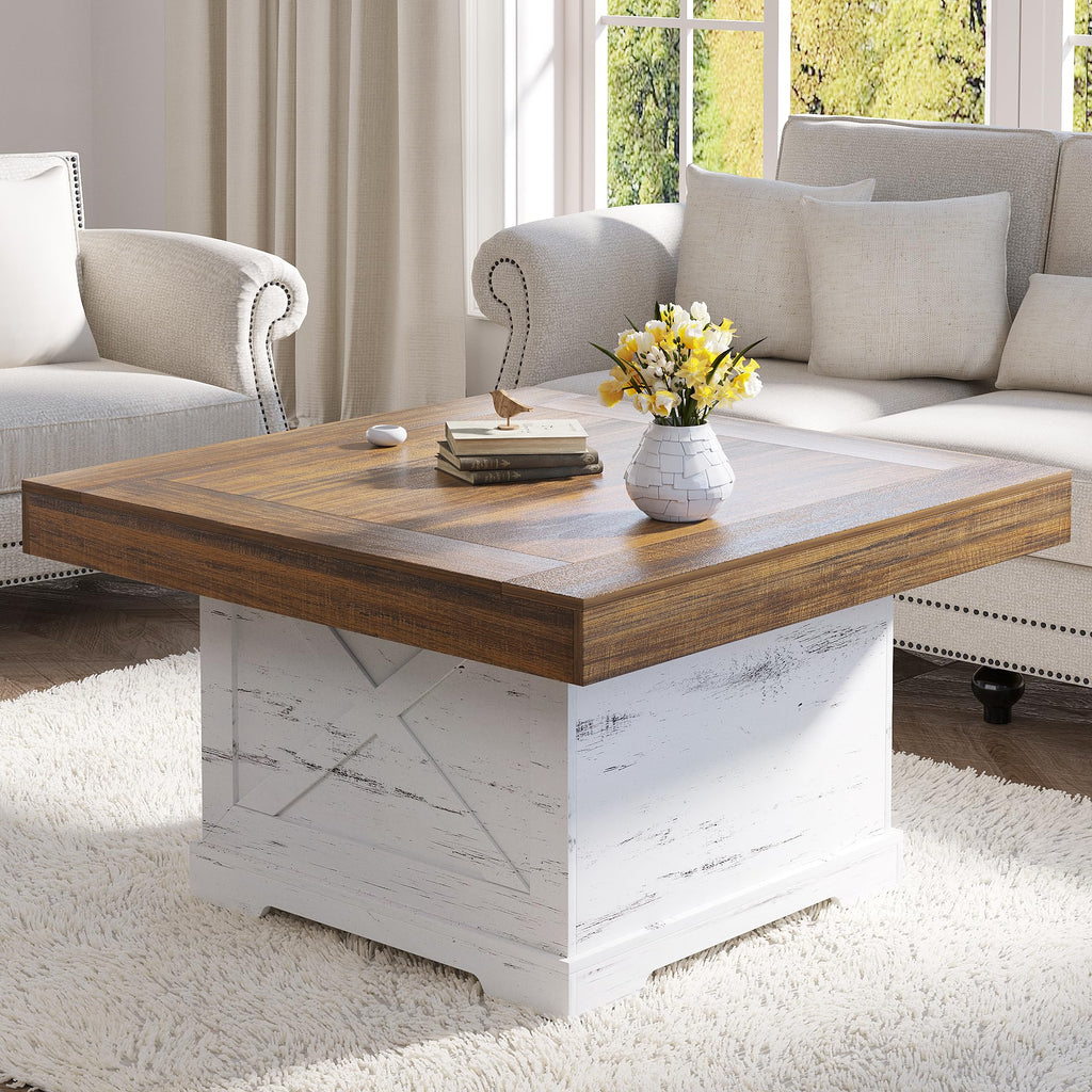 Coffee Table 31.5 in Rustic Center Table with X Design Wooden Pedestal for Living Room, Dark Oak Square Home Office Sofa Side Table for Small Space, Easy Assembly, Space-Saving