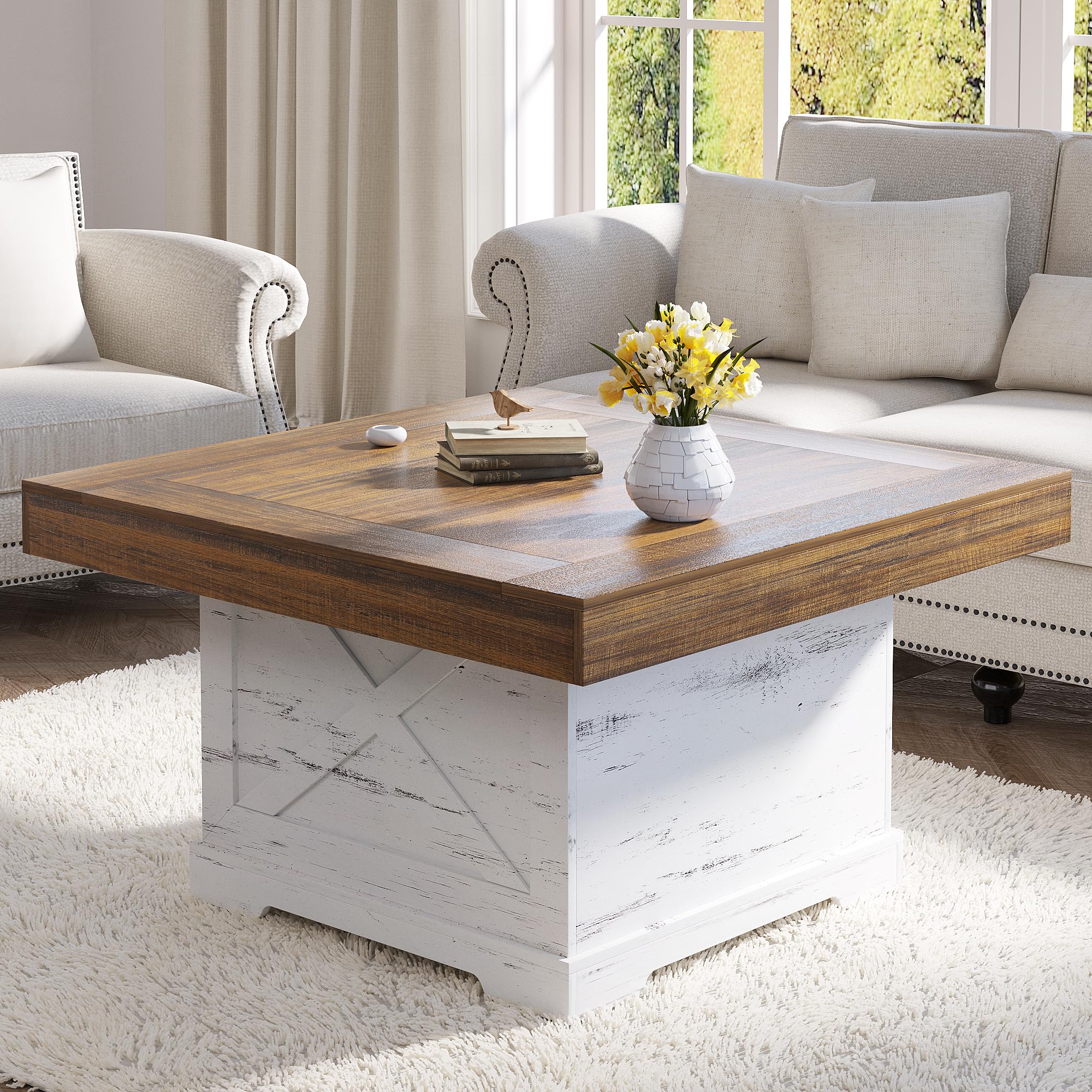 Coffee Table 31.5 in Rustic Center Table with X Design Wooden Pedestal for Living Room, Dark Oak Square Home Office Sofa Side Table for Small Space, Easy Assembly, Space-Saving