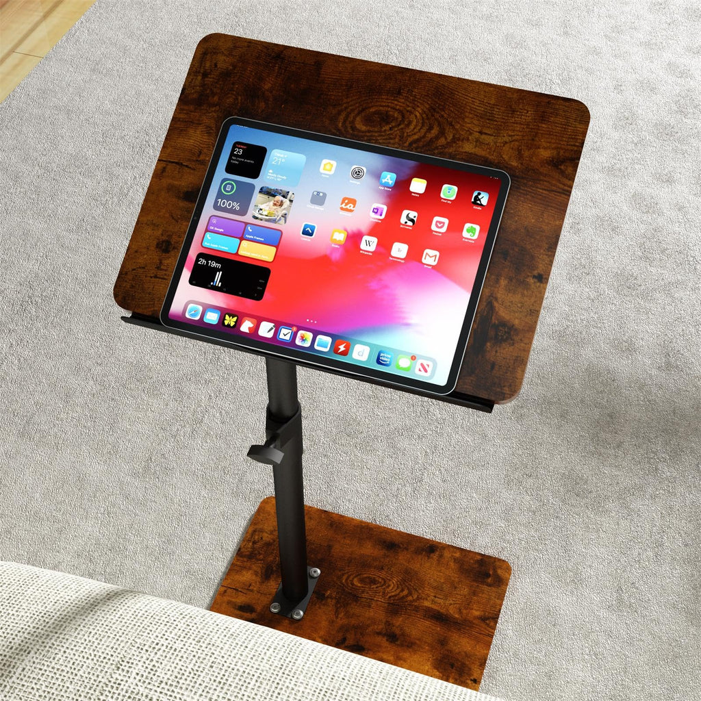 Sofa Armrest Tray Table for Couch - 360° Swivel Height Adjustable End for Small Spaces, Snack Side Table for Bed or Chair with Phone & Tablet Slot (Rustic,Standard)