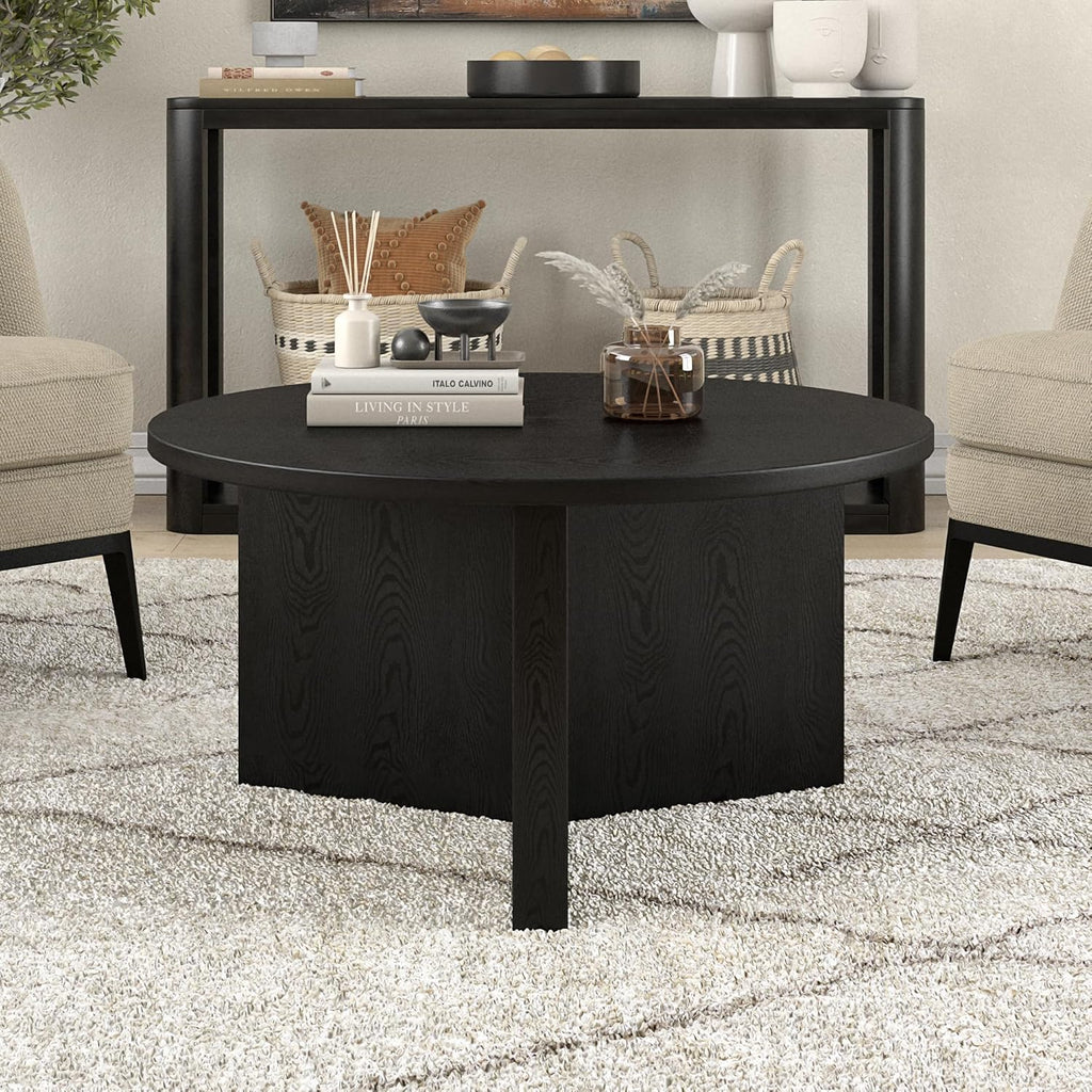 Henn&Hart 32" Wide Round Coffee Table in Black Grain, for Home, Living Room, Bedroom, Entertainment or Office