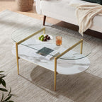 Round Coffee Table, Mid-Century Modern Design, D30 x H17, for Living Room, 2-Tier Structure, Amber Glass Top and Walnut MDF Shelf, Sleek Conical Metal Legs with Gold Finish