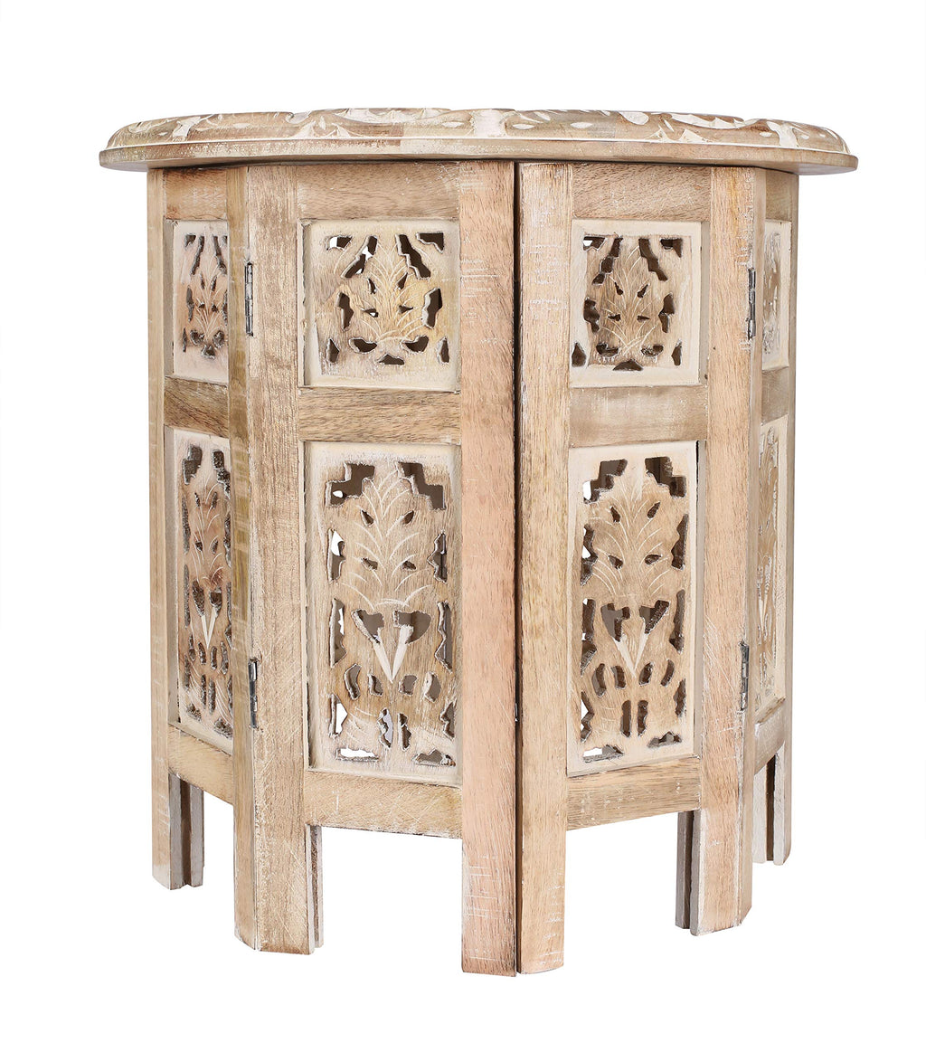 Wooden End Table for Living Room - 18x22 Burnt Finish Carved Side Table, Single Pillar Nightstand, Bedside Table for Books, Plants, Magazines, Small Space Accent Table