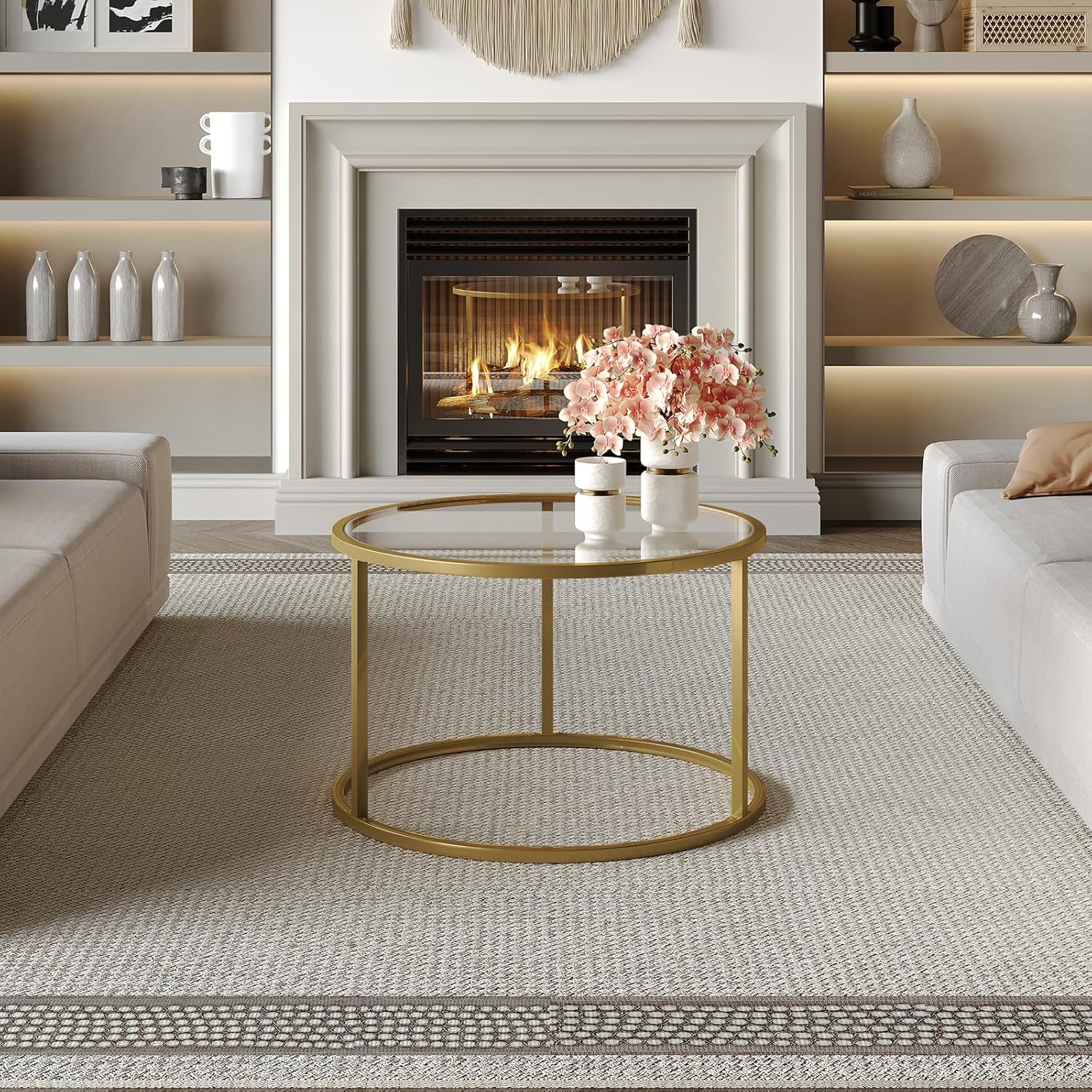 SAYGOER Small Glass Coffee Table Round Gold Coffee Table for Small Space Modern Simple Center Table with Gold Frame for Living Room Home Office, Easy Assembly