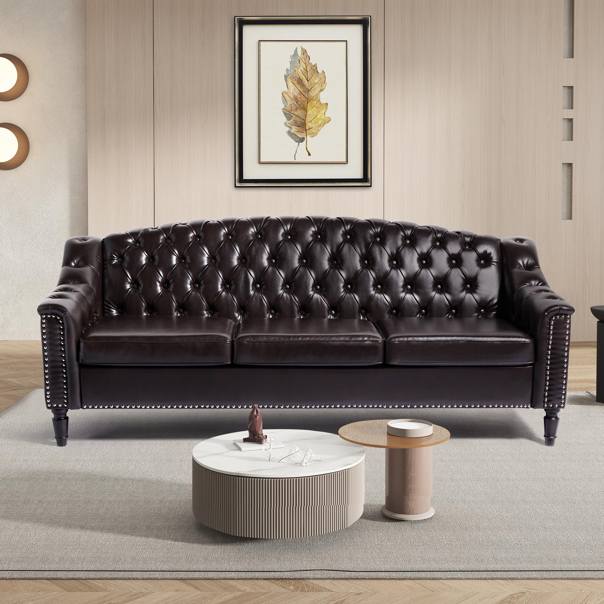 AVZEAR Chesterfield 3-Piece Living Room Sectional Sofa Set, Mid-Century Modern Upholstered PU Couch, Classic Tufted Button Sofa with Nailhead Trim for Living Room, Office (Brown)