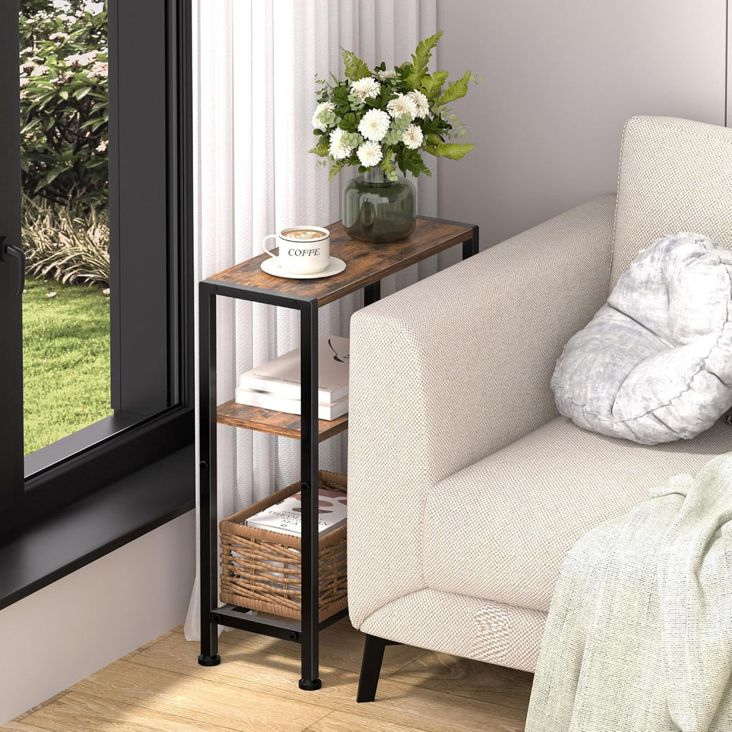 Narrow Side Table for Small Space, 2-Tier Small End Table with Shelf Holder, Slim Nightstand, Skinny Snack Couch Table in Living Room, Bedroom, Study, Kitchen and Balcony (Rustic Brown &Black)