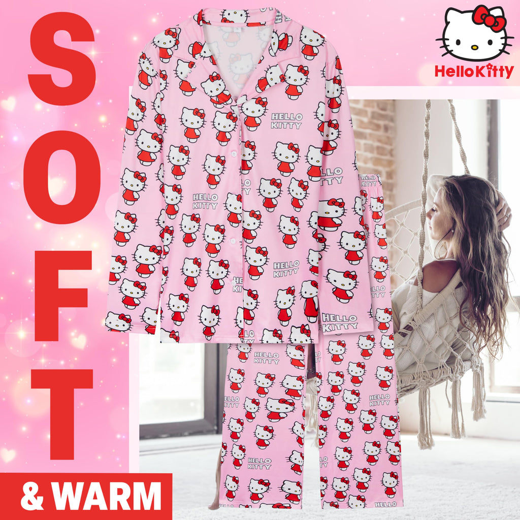 Hello Kitty Pajamas for Women Teens Long PJs Comfy Kawaii Button Down Lounge Set (Pink, XL)