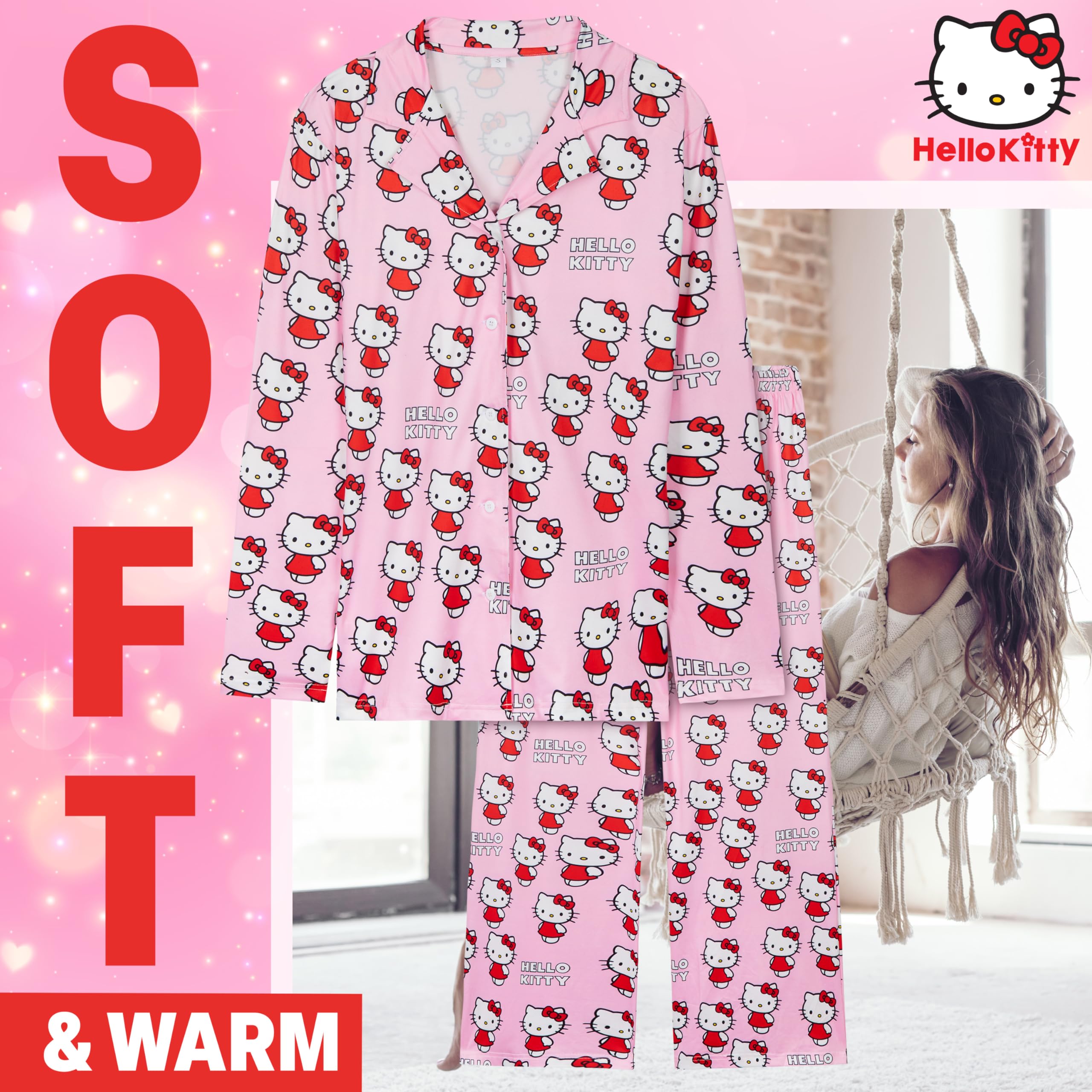 Hello Kitty Pajamas for Women Teens Long PJs Comfy Kawaii Button Down Lounge Set (Pink, XL)