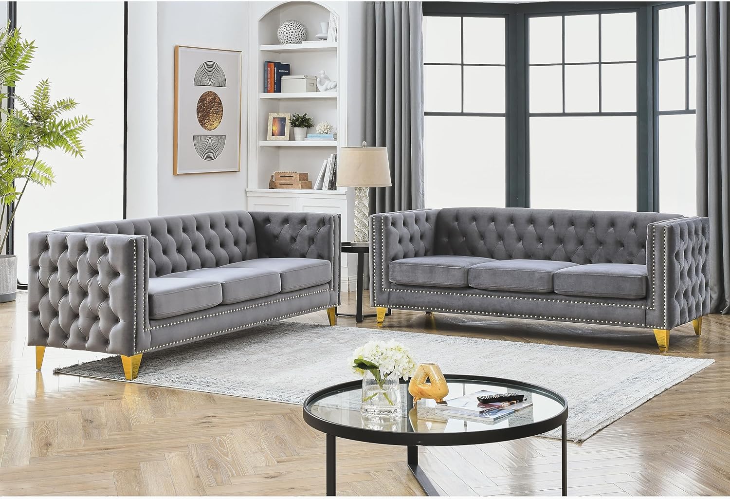KEIKI Tufted Velvet 3+3 Seat Sofa Couch for Living Room, Buttons Tufted Square Arm Couch for Home Apartment, Gray