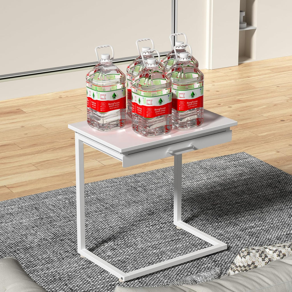 C Shaped End Table,Small Couch Side Table with Drawer,for Living Room, Bedroom Magazines, Computers, Coffee, Small Objects Storage.White