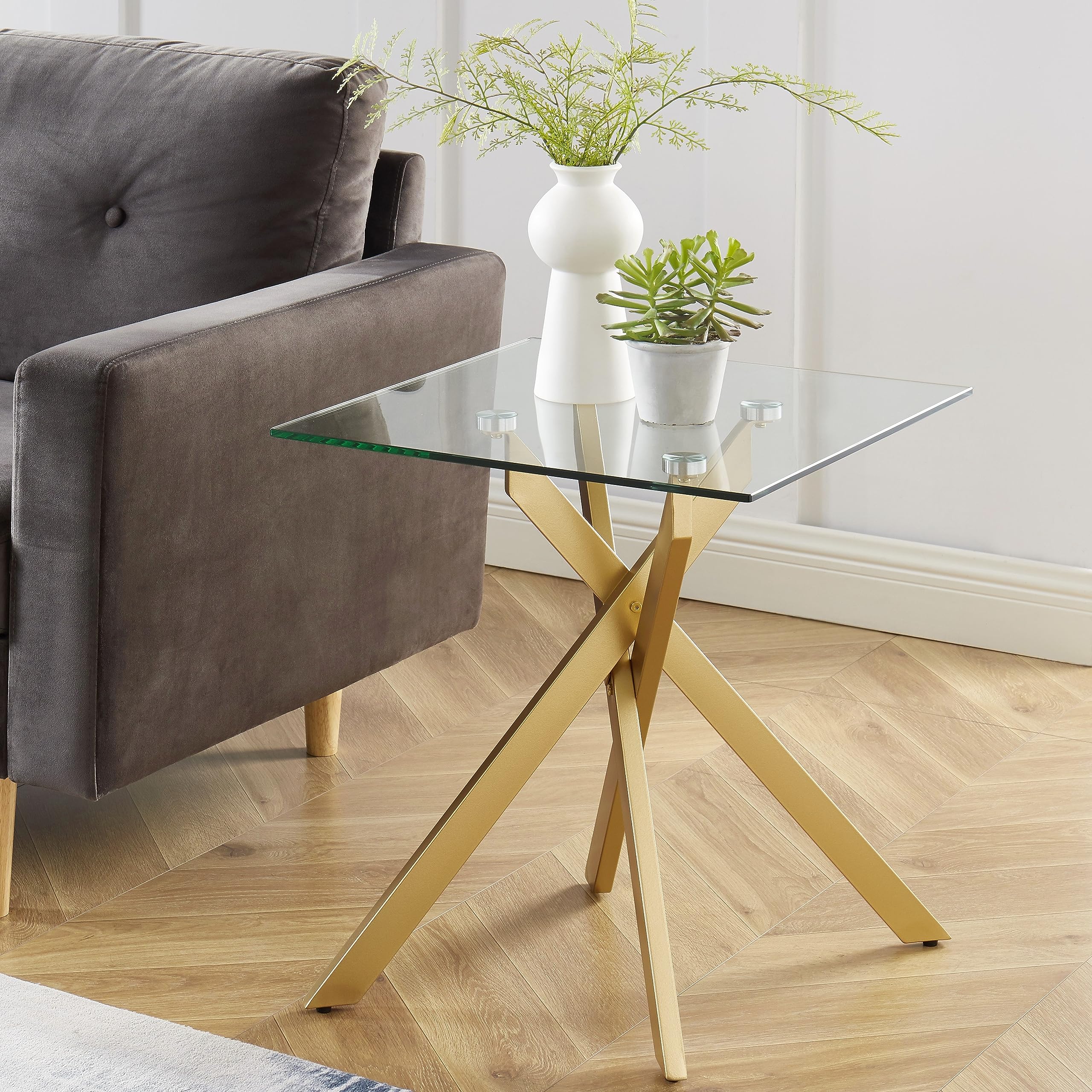 Modern Style Square Side Table with Tempered Glass Top and Metal Tubular Legs, Silver 20”Dx20”Wx22”H