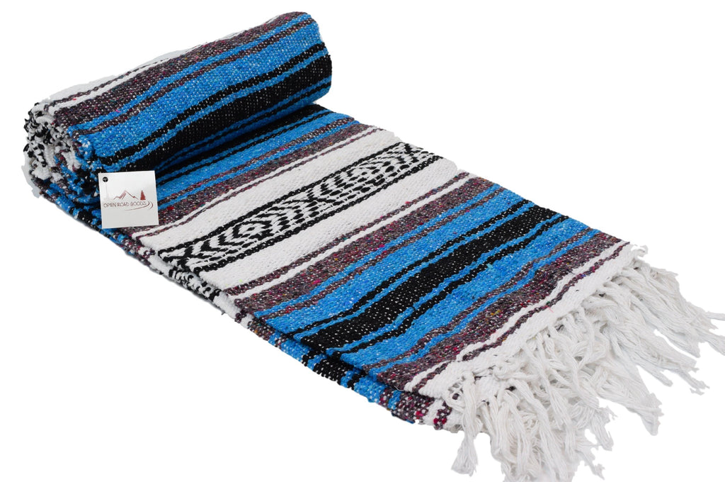 Open Road Goods Bright Blue Mexican Blanket - Authentic Serape Falsa Blanket - Handmade (Acrylic Blend, XL)