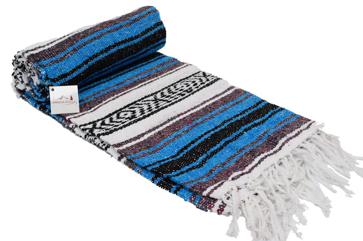 Open Road Goods Bright Blue Mexican Blanket - Authentic Serape Falsa Blanket - Handmade (Acrylic Blend, XL)