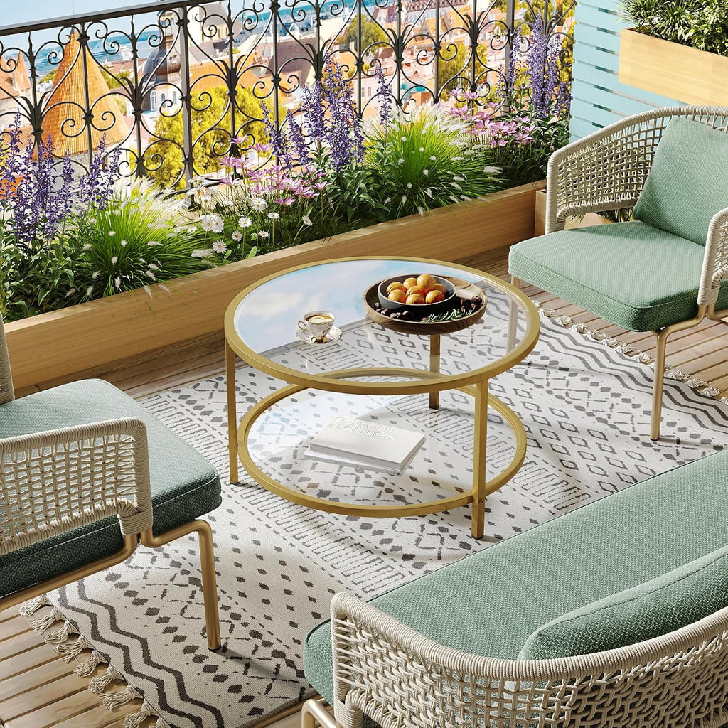 SAYGOER Round Glass Coffee Table 2 Tier Coffee Tables with Storage Shelf for Large or Small Space Modern Simple Center Table with Gold Frame for Living Room Home Office, Easy Assembly…