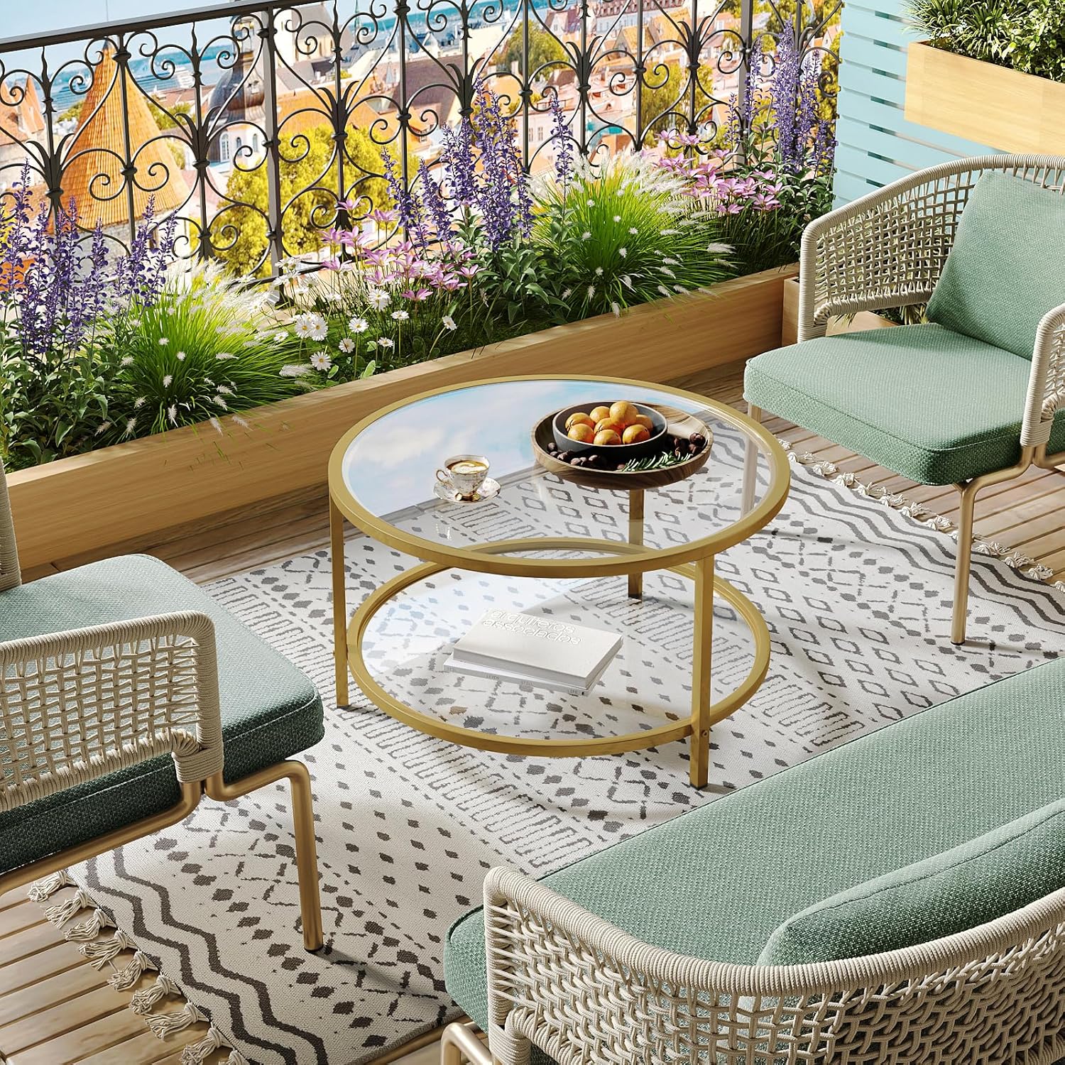 SAYGOER Round Glass Coffee Table 2 Tier Coffee Tables with Storage Shelf for Large or Small Space Modern Simple Center Table with Gold Frame for Living Room Home Office, Easy Assembly…