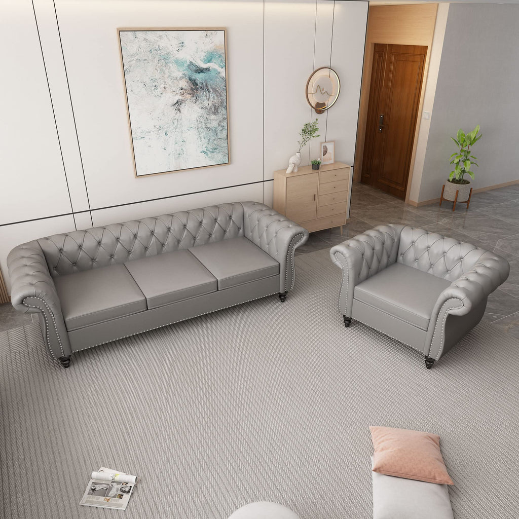 2 Piece Living Room Set, Chesterfield Leather Sofa Couch Chair with Scroll Arms and Nailhead for Living Room, Office (Dark Brown)