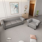 2 Piece Living Room Set, Chesterfield Leather Sofa Couch Chair with Scroll Arms and Nailhead for Living Room, Office (Dark Brown)