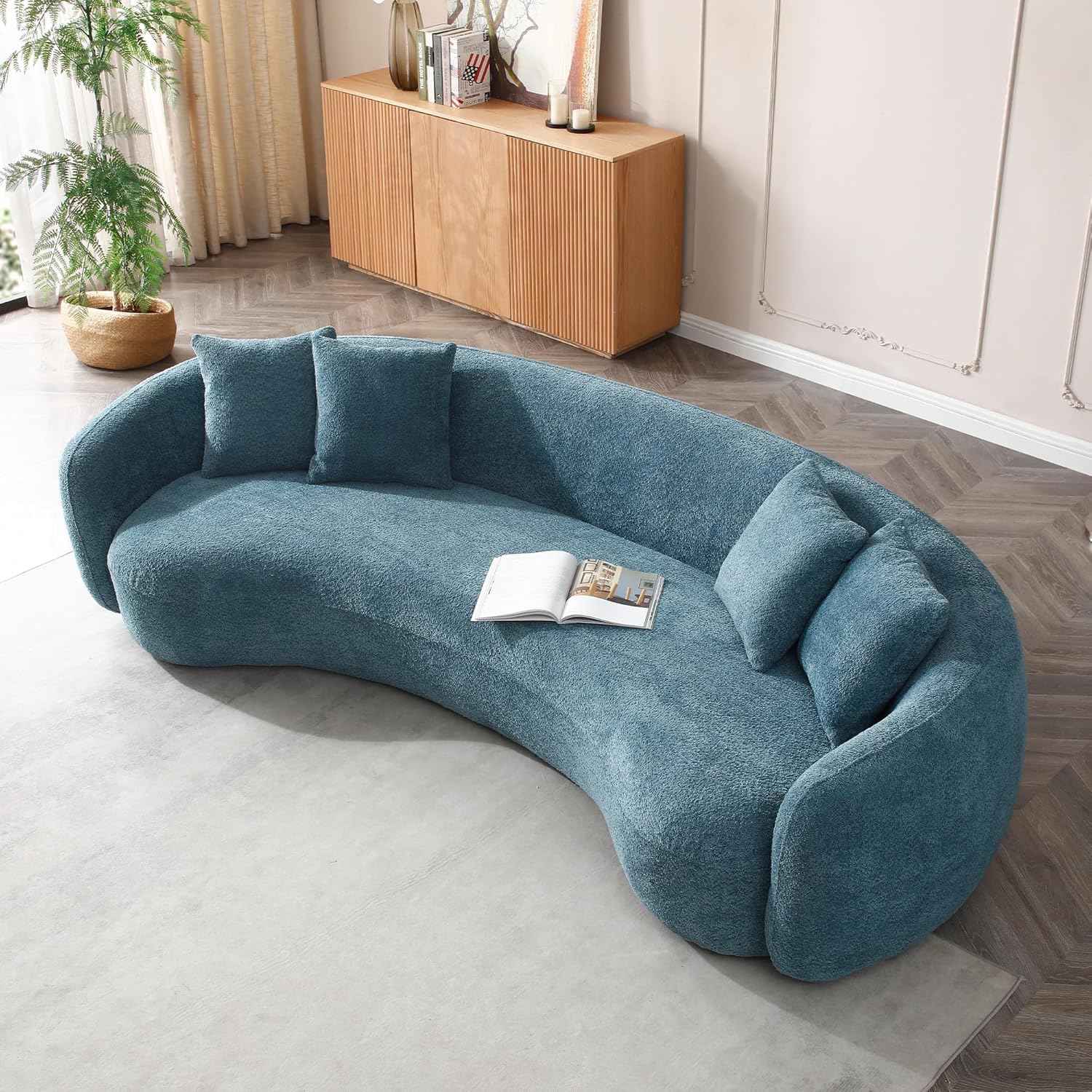 Modern 5 Seats Curved Sofa Oversized Half-Moon Sofa&Couch, Beautiful Freestanding Sofa Comfy Teddy Fleece Boucle Leisure Sofa Couch with 4 Big Pillows for Home Office Apartment Living Room