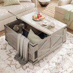 Rustic Grey Farmhouse Lift-Top Coffee Table: Square Wood Center Table with Hidden Storage Compartment, Floating LED Lights & USB-C Charging Station - Living Room Furniture