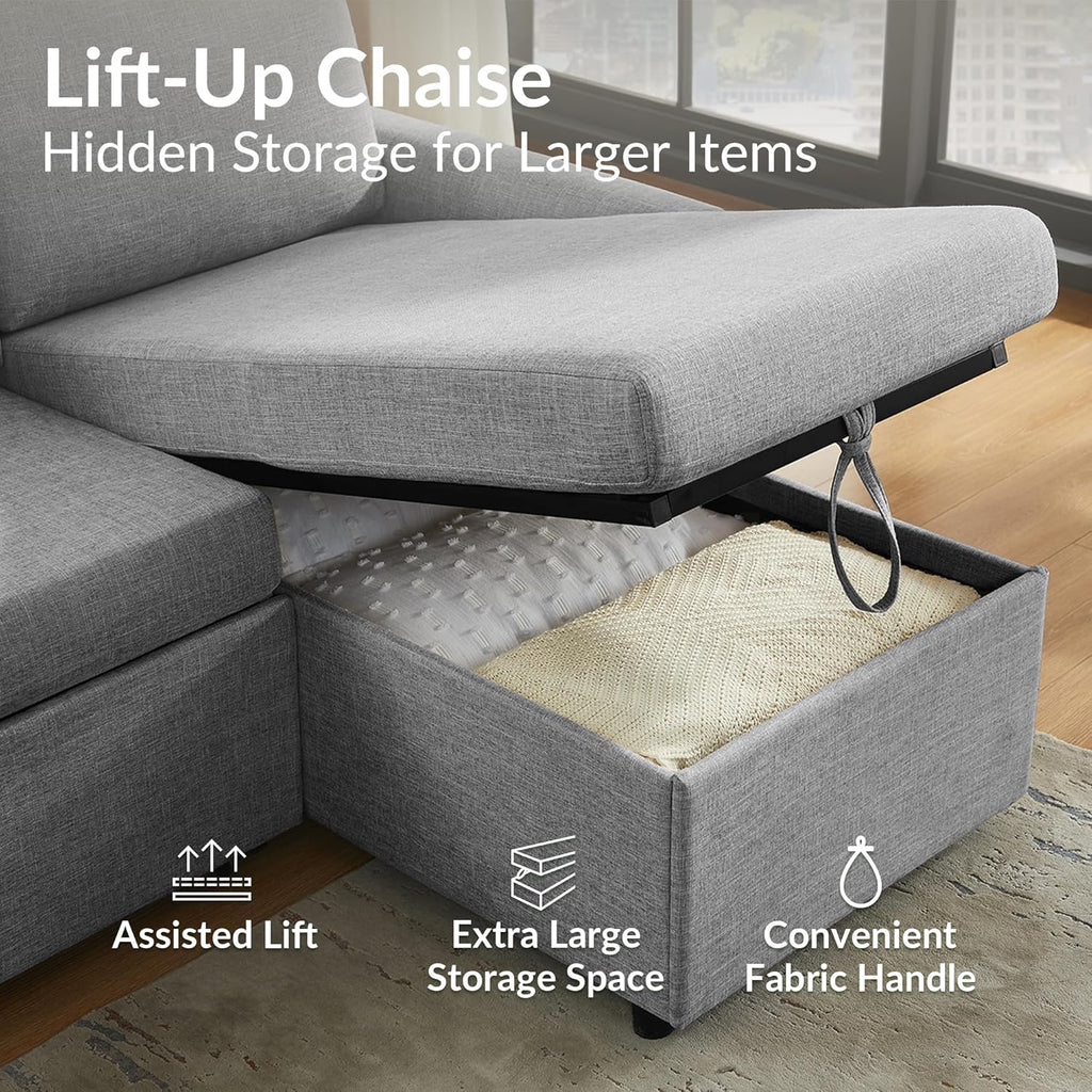 L Shaped Convertible Sleeper Sofa Bed, 84" Sectional Couch for Living Room - Pull Out Bed, Reversible Chaise with Storage, Dual USB-C Charging, Removable & Washable Dark Grey Linen Covers