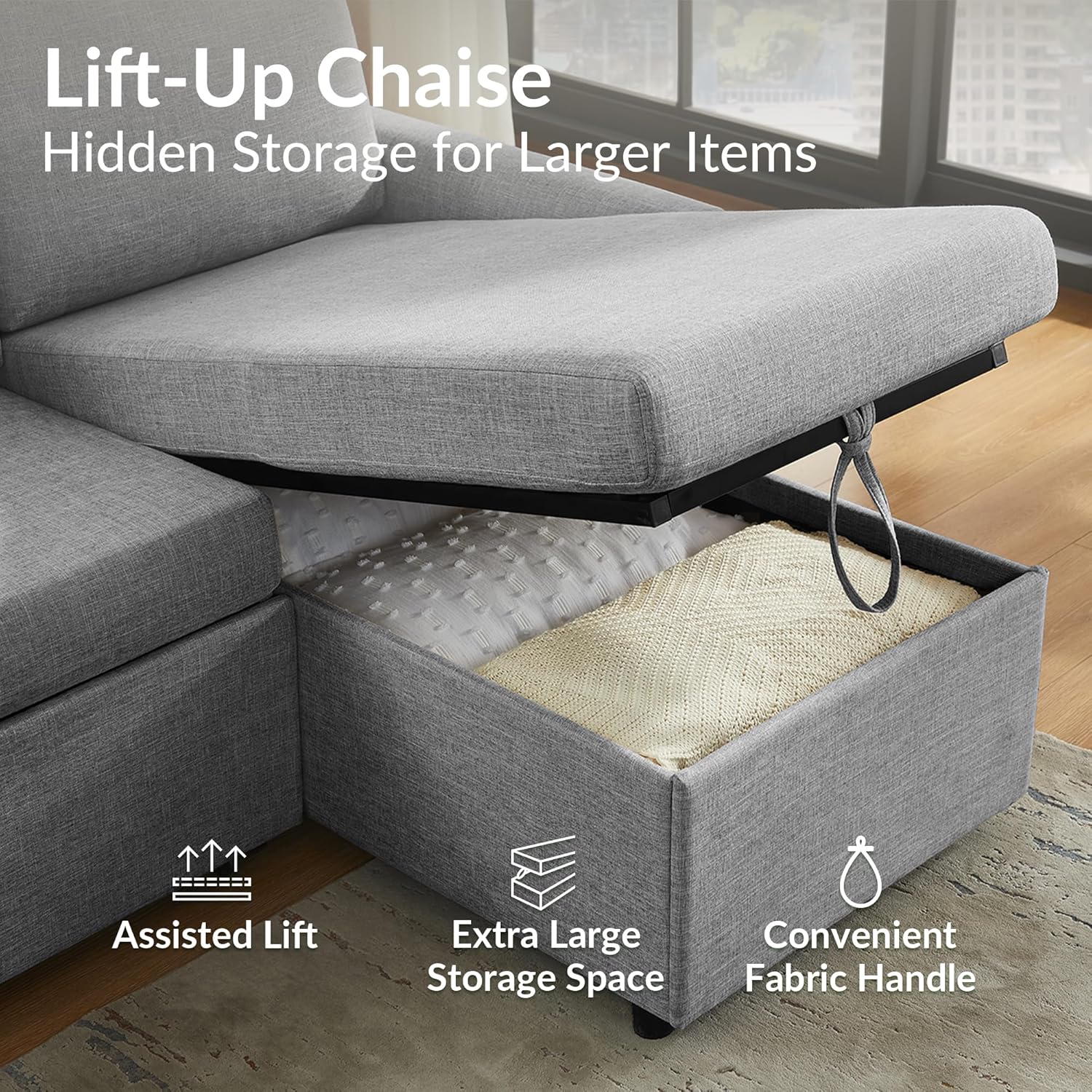 L Shaped Convertible Sleeper Sofa Bed, 84" Sectional Couch for Living Room - Pull Out Bed, Reversible Chaise with Storage, Dual USB-C Charging, Removable & Washable Dark Grey Linen Covers