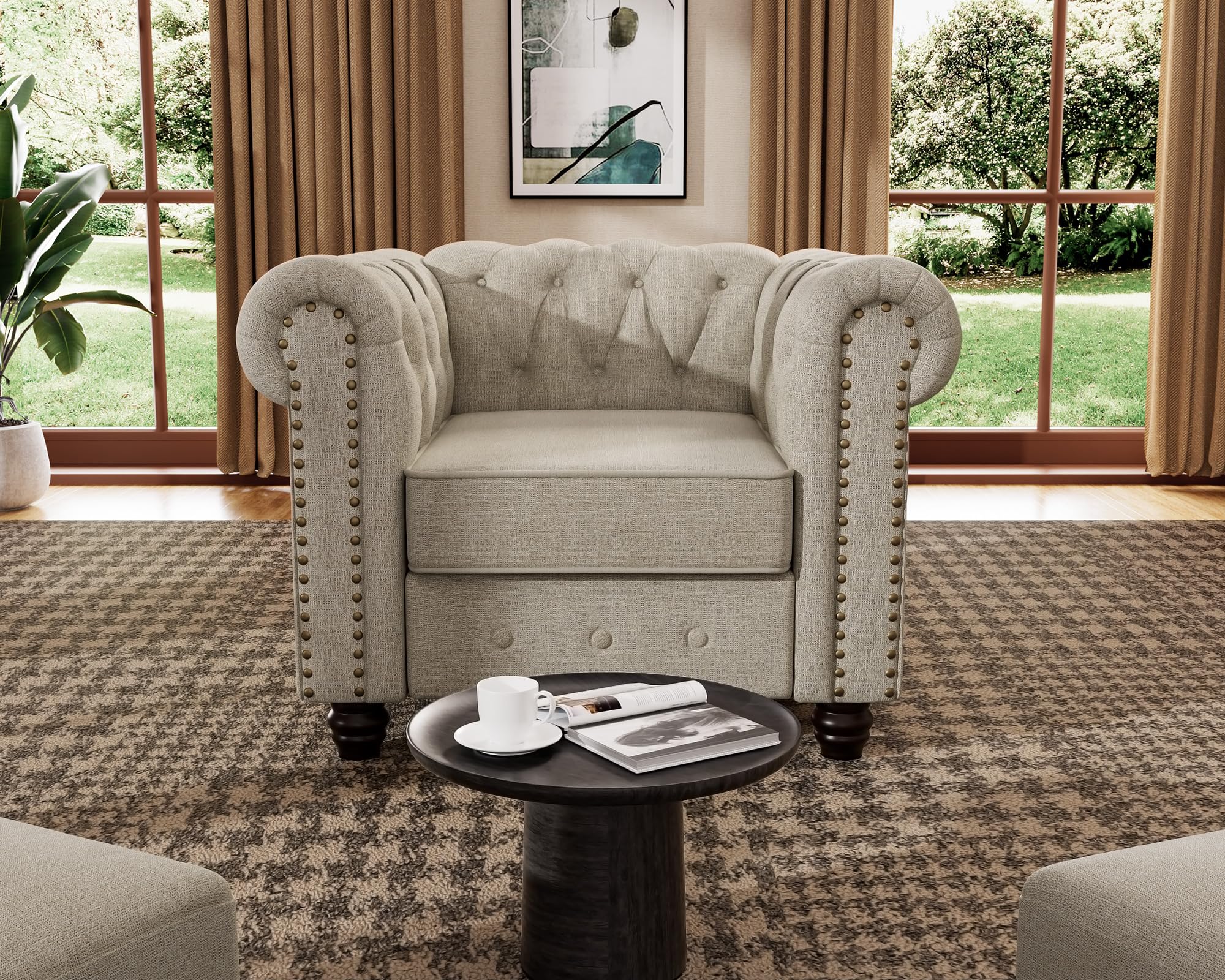 Morden Fort Classic Chesterfield Sofa Set 82'', Tufted Sofa Couch Set with Solid Wood Legs Thick Cushion, Pet-Friendly 3-Seater Sofas Couches for Living Room Bedroom Apartment - Linen Beige