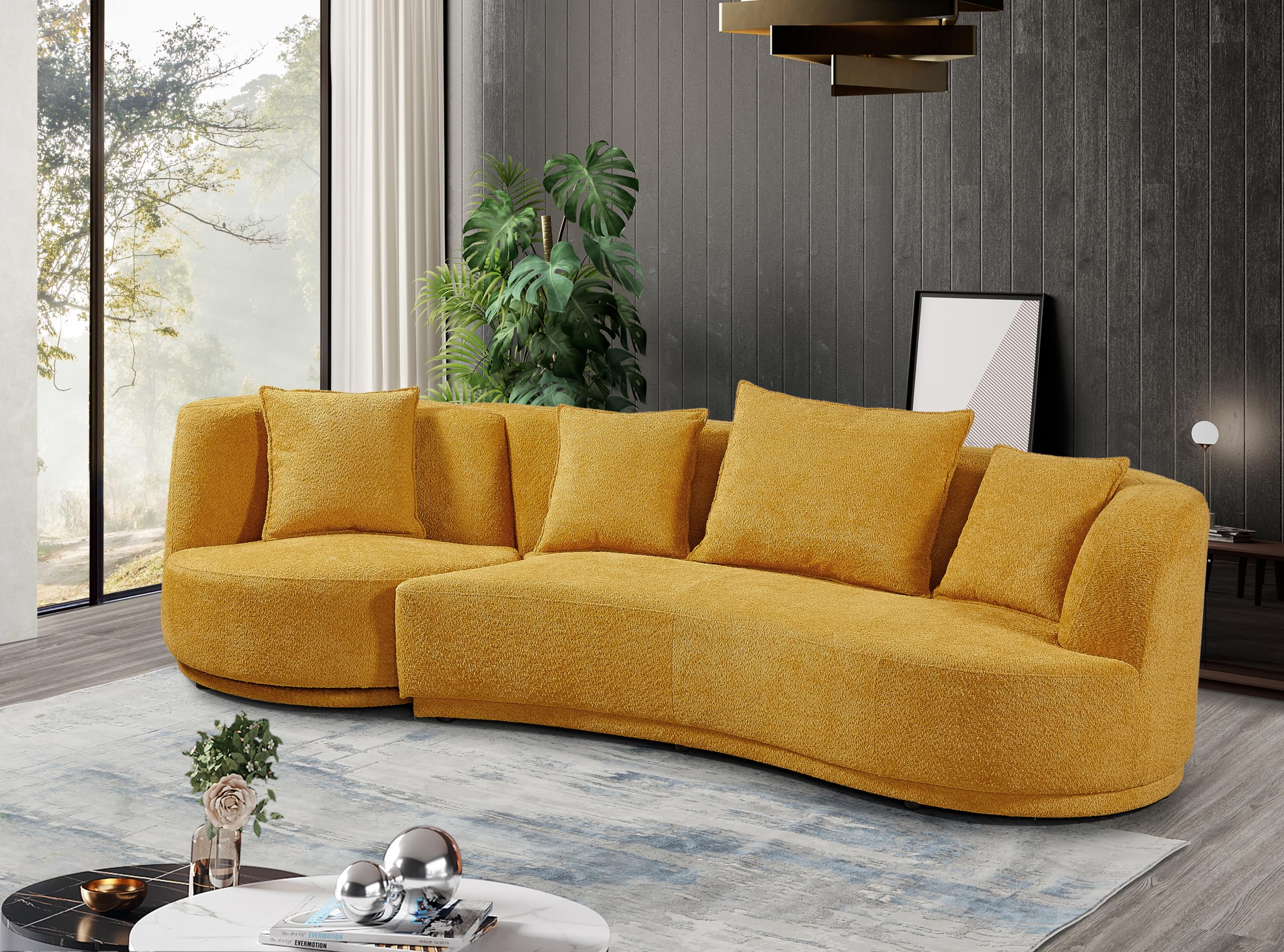 Modern 5 Seats Curved Sofa Oversized Half-Moon Sofa&Couch, Beautiful Freestanding Sofa Comfy Teddy Fleece Boucle Leisure Sofa Couch with 4 Big Pillows for Home Office Apartment Living Room