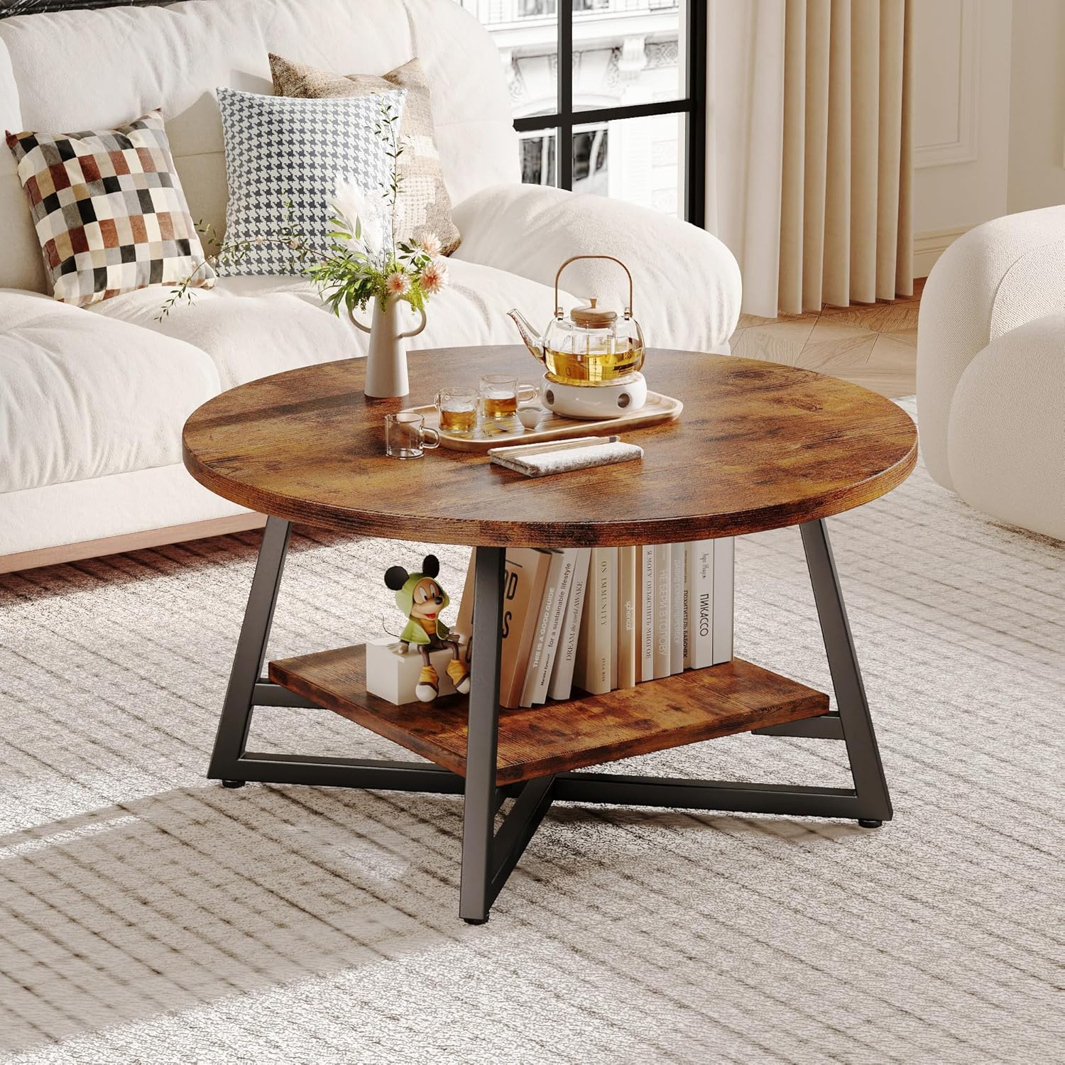 Round Coffee Table, Small Circle Coffee Table with Storage, Modern Wood Round Center Table for Living Room, Home Office, Small Space, Easy Assembly, Rustic Brown