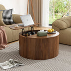 Round Fluted Lift Top Coffee Table, Mid Century Modern Center Table with Storage and Compartment, 2 Tier Small Circle Dining Table, for Living Room, Home Small Space, Natural