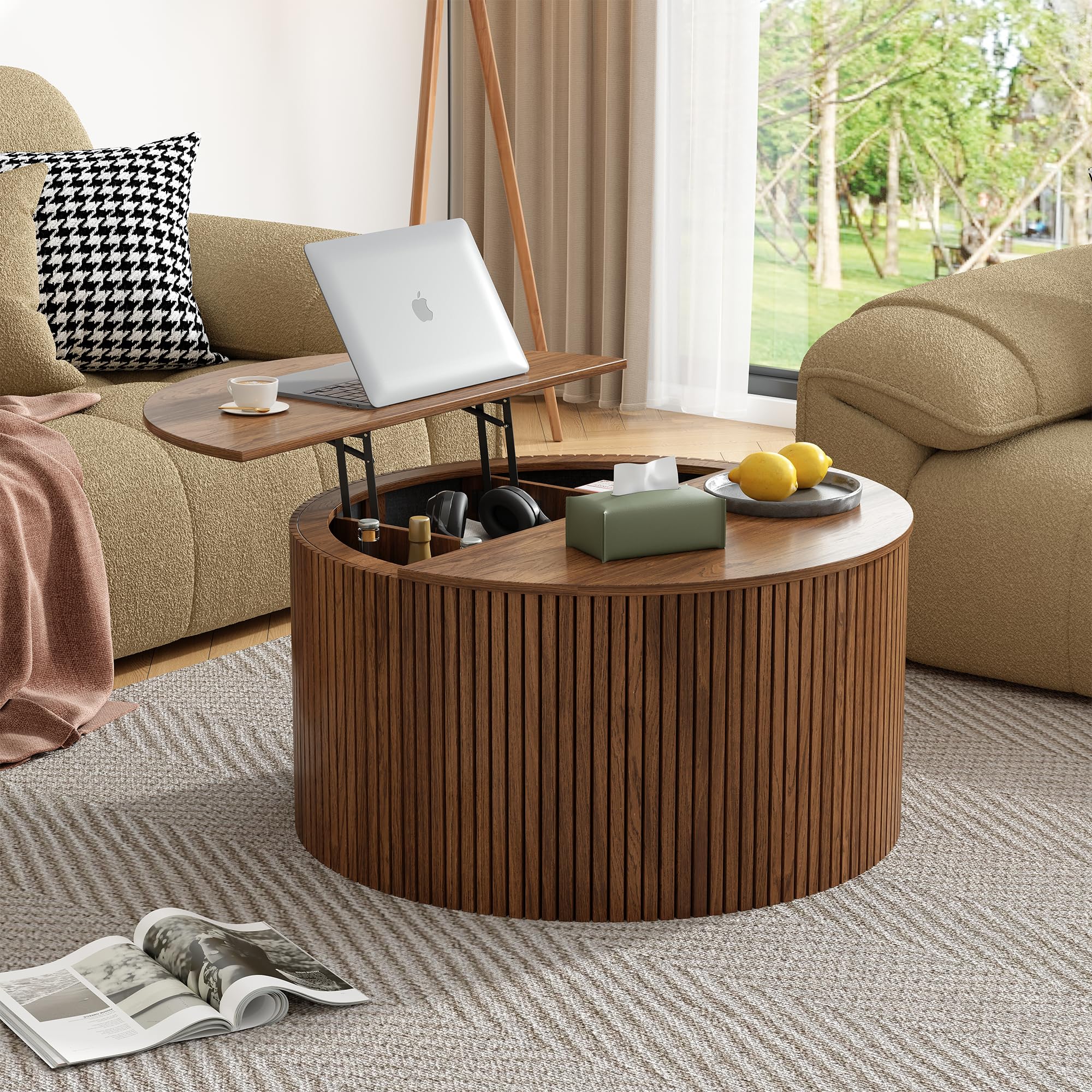 Round Fluted Lift Top Coffee Table, Mid Century Modern Center Table with Storage and Compartment, 2 Tier Small Circle Dining Table, for Living Room, Home Small Space, Natural