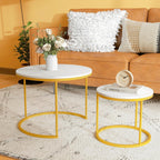Round Nesting Coffee Tables Set: White Gold Marble Nesting Coffee Table Set of 2 - Modern Metal Stacking Side Table for Living Room Small Spaces