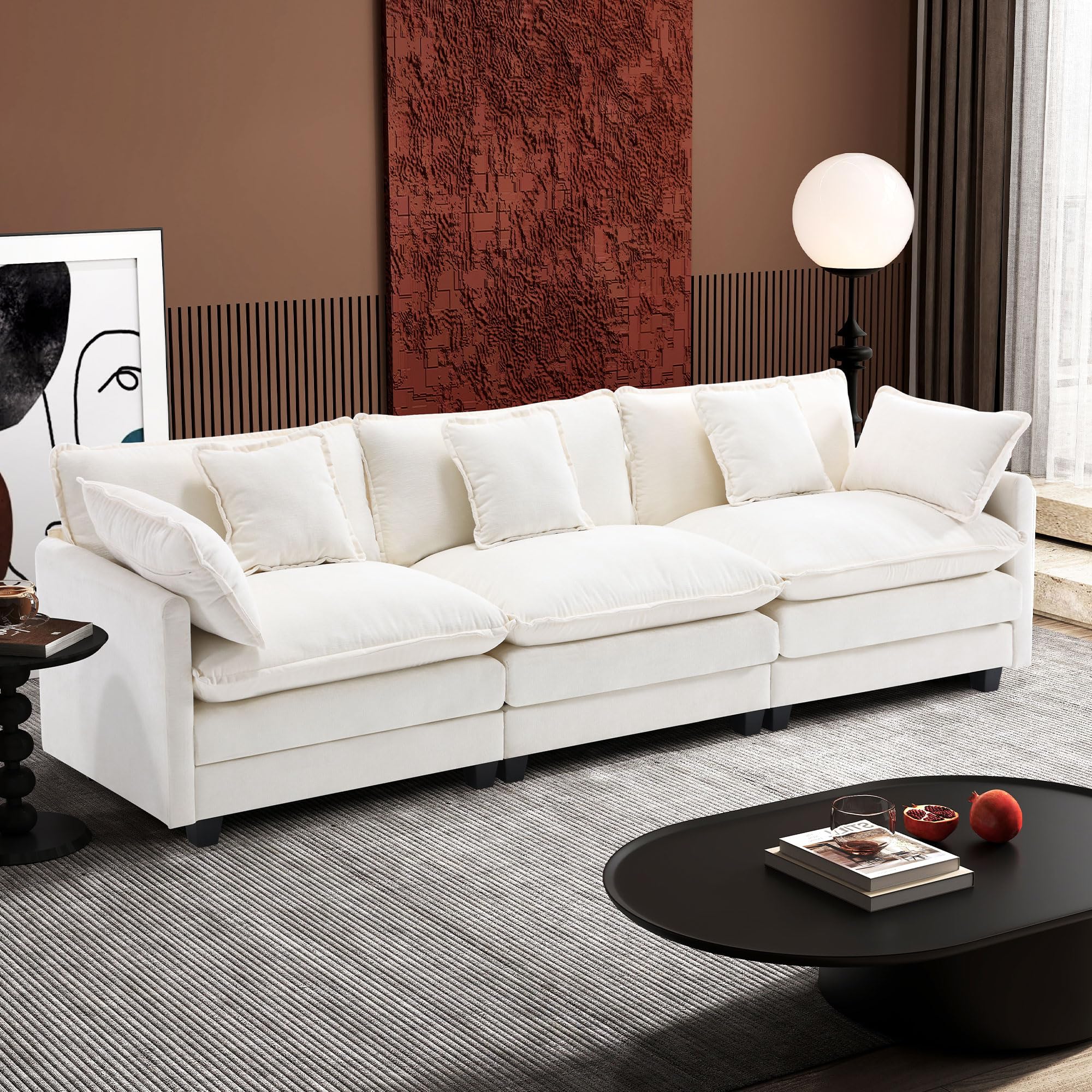 Ihanherry 146" U-Shaped Modern Sofa Modular Sectional Cloud Couch with 2 Ottoman, 6-Seat Chenille Deep Seat Sofa with 6 Pillows for Living Room, Bedroom and Apartment, Black