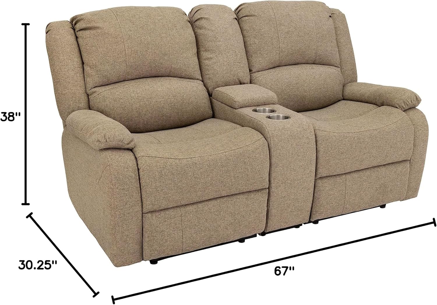 RecPro Charles 67" Double Recliner RV Sofa with Console and Cupholders | Zero Wall Loveseat for Camper | Wall Hugger Couch | Fifth Wheel Theater Seating | Replacement RV Furniture | Oatmeal Cloth