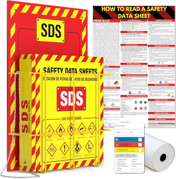 MSDS Wall Station with 3” SDS Binder & Wire Rack, OSHA/GHS Safety Data Sheet Station, Bilingual Labels, Display Sign, Chain & Mounting Hardware
