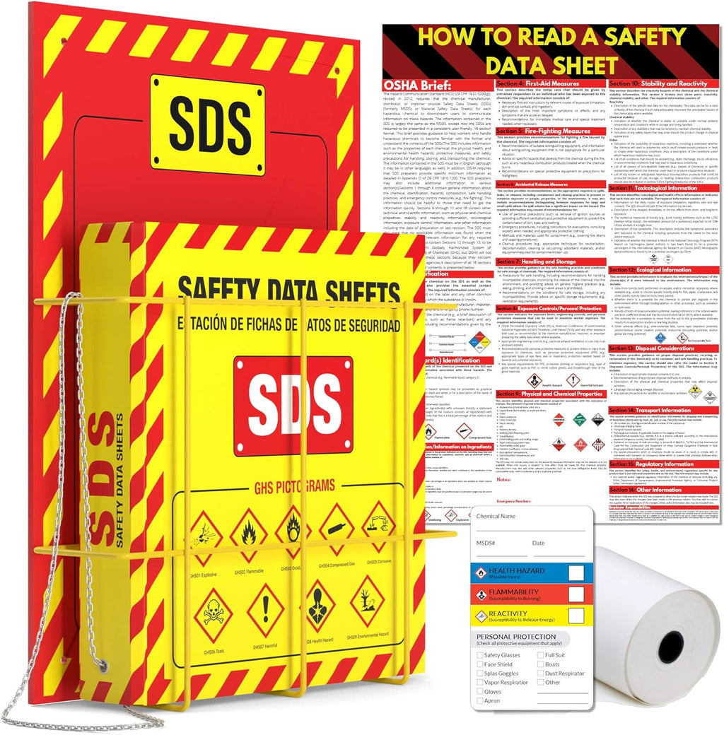 MSDS Wall Station with 3” SDS Binder & Wire Rack, OSHA/GHS Safety Data Sheet Station, Bilingual Labels, Display Sign, Chain & Mounting Hardware