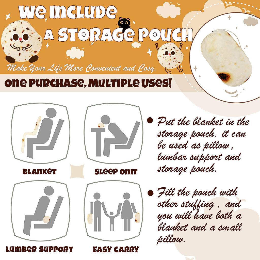 Bnuitland Burritos Tortilla Throw Blanket, 300GSM Double Sided Giant Funny Gift with Pouch, Realistic Super Soft Novelty Taco Swaddle Food Blanket for Baby/Kids and Pets Wrap