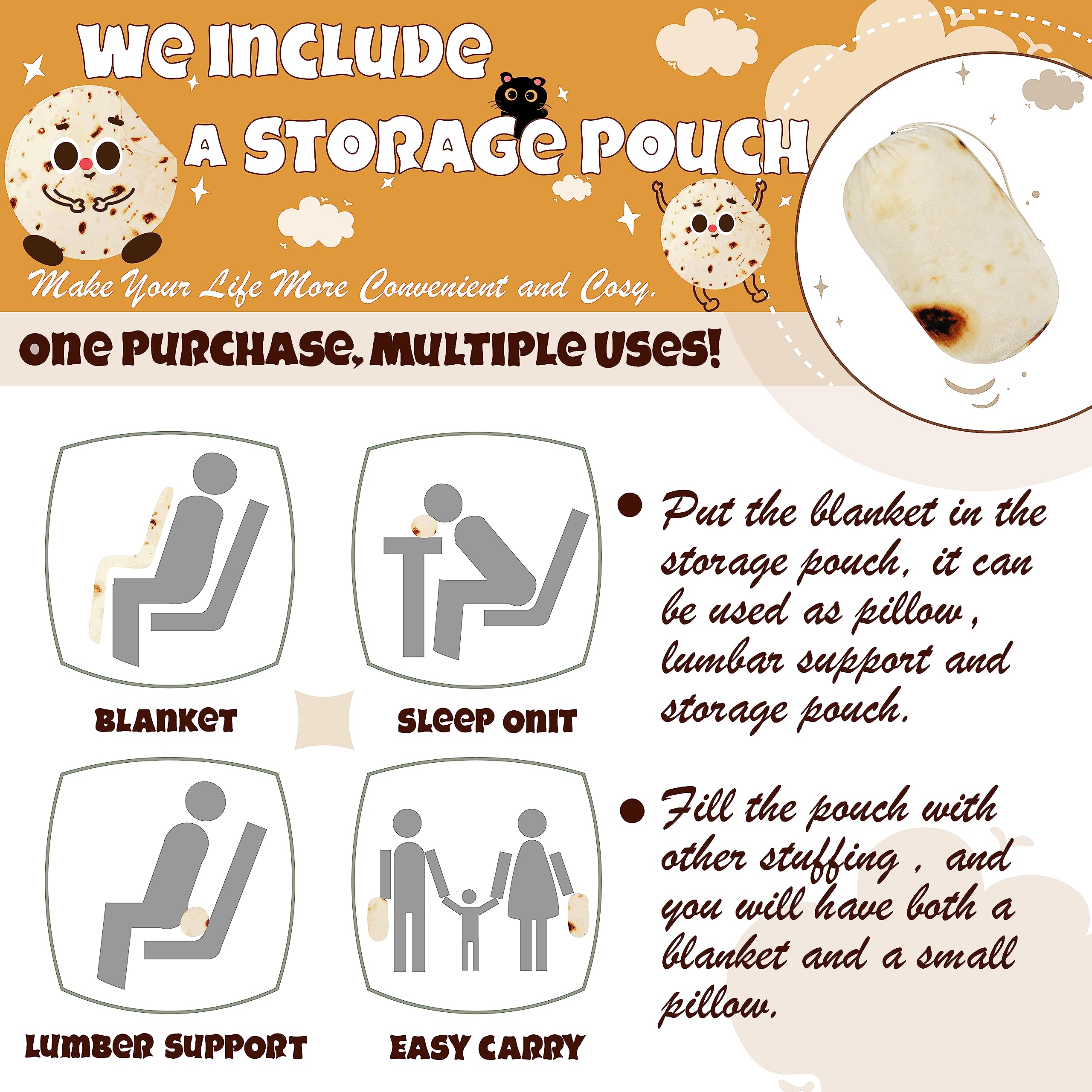 Bnuitland Burritos Tortilla Throw Blanket, 300GSM Double Sided Giant Funny Gift with Pouch, Realistic Super Soft Novelty Taco Swaddle Food Blanket for Baby/Kids and Pets Wrap