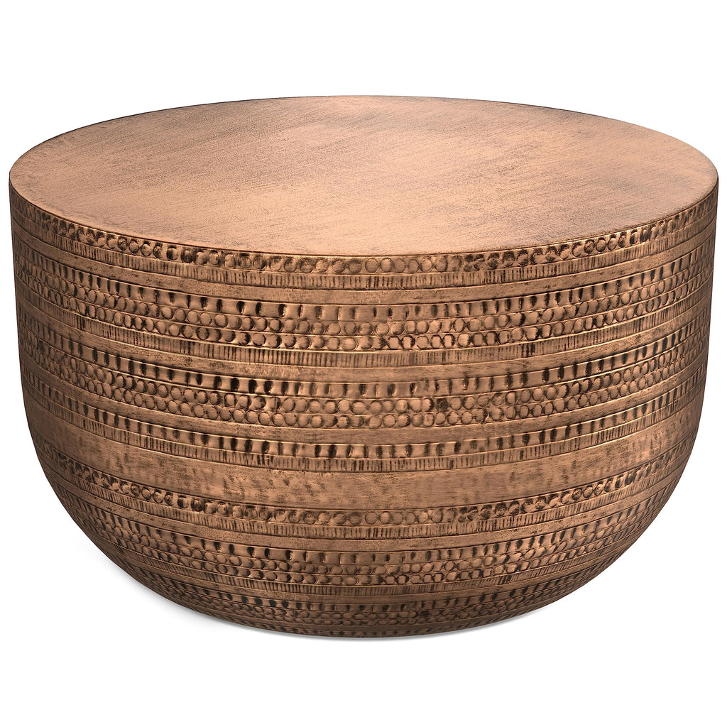 SIMPLIHOME Johnsen Metal Table - 15 inch Wide Solid Iron Drum Accent Table in Antique Copper with Tribal Pattern, Round Boho End Table for Living Room, Bedroom, or Home Office, Fully Assembled