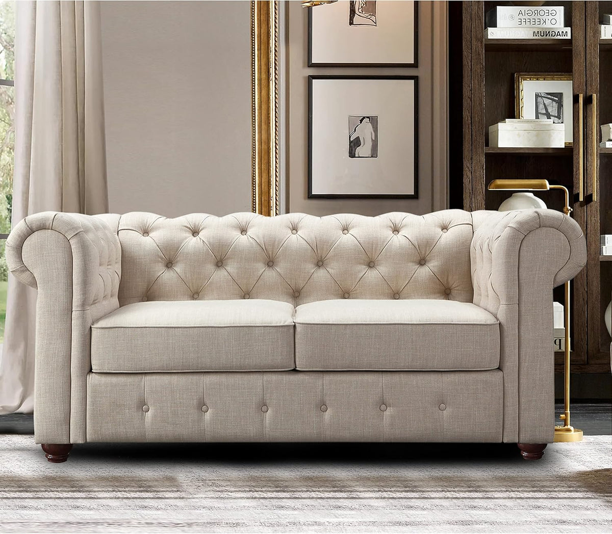 Rosevera Genevieve Upholstered Tufted Loveseat Couch,Chesterfield Sofa loveseat with Armrest Scroll Arm Sofa Couch, Sectional Sofa for Living Room Office
