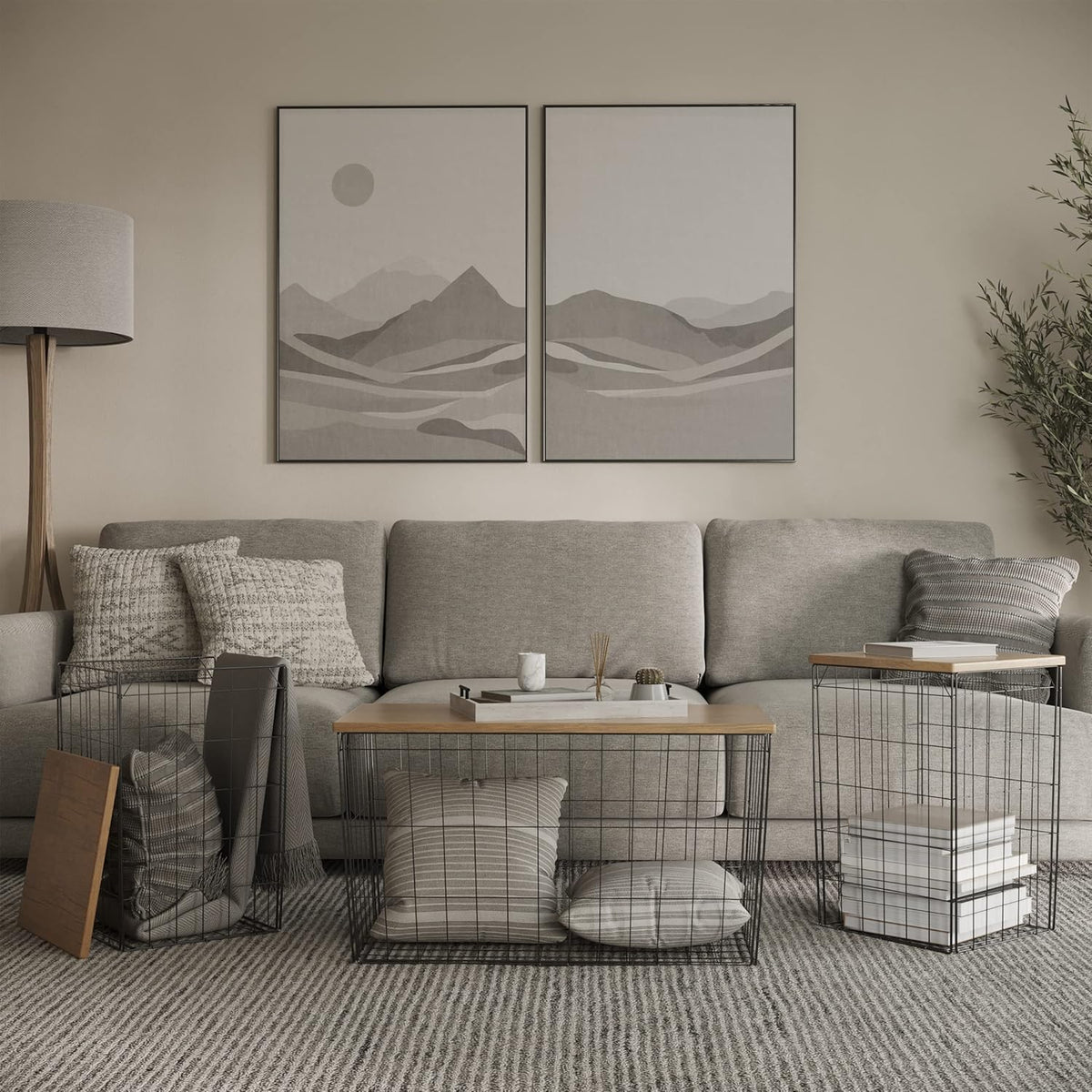 Set of 3 Living Room Tables - Metal Basket Storage with Removable Lids - 2 Small Side and 1 Large Accent Table by Lavish Home (Brown/Black)