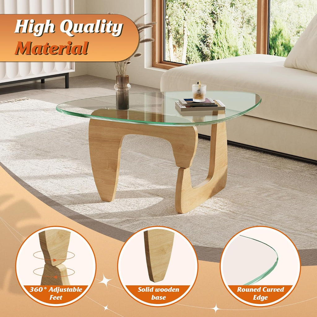 WLIVE Coffee Table, Small Glass Coffee Table with Solid Wood Legs, 32.7" Mid Century Triangle Living Room Tables, Modern Center Table for Small Spaces Living Room, Reception, Office, Natural