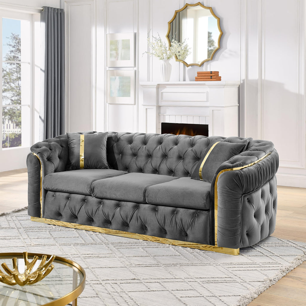 Mid Century Modern Chesterfield Sofa Couch, 90.6" Velvet Couch Black and Gold Sofa Luxury Loveseat for Living Room, Tufted Sofas with 2 Pillows & Classic Golden Decor, Jet Black
