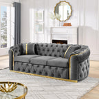 Mid Century Modern Chesterfield Sofa Couch, 90.6" Velvet Couch Black and Gold Sofa Luxury Loveseat for Living Room, Tufted Sofas with 2 Pillows & Classic Golden Decor, Jet Black