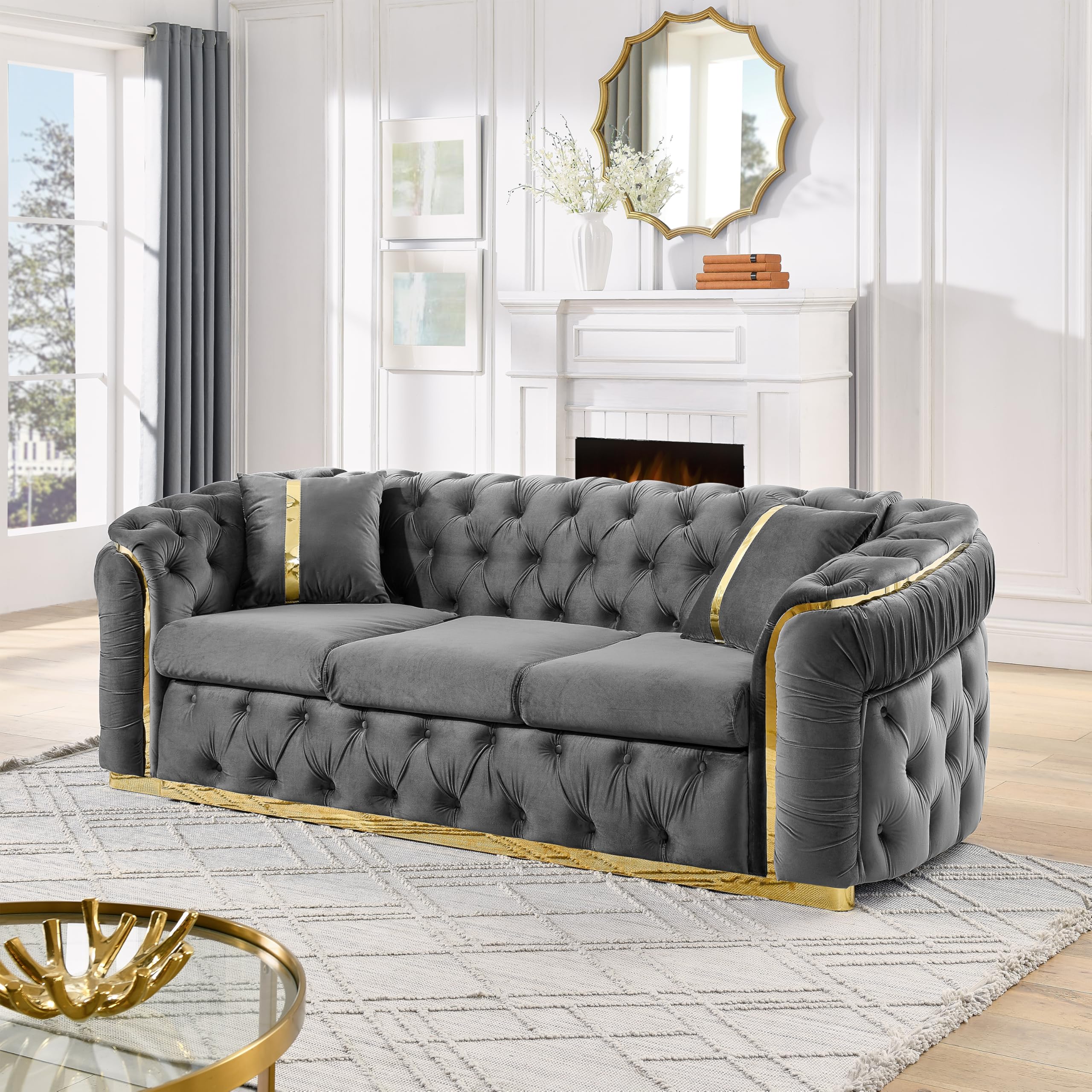 Mid Century Modern Chesterfield Sofa Couch, 90.6" Velvet Couch Black and Gold Sofa Luxury Loveseat for Living Room, Tufted Sofas with 2 Pillows & Classic Golden Decor, Jet Black