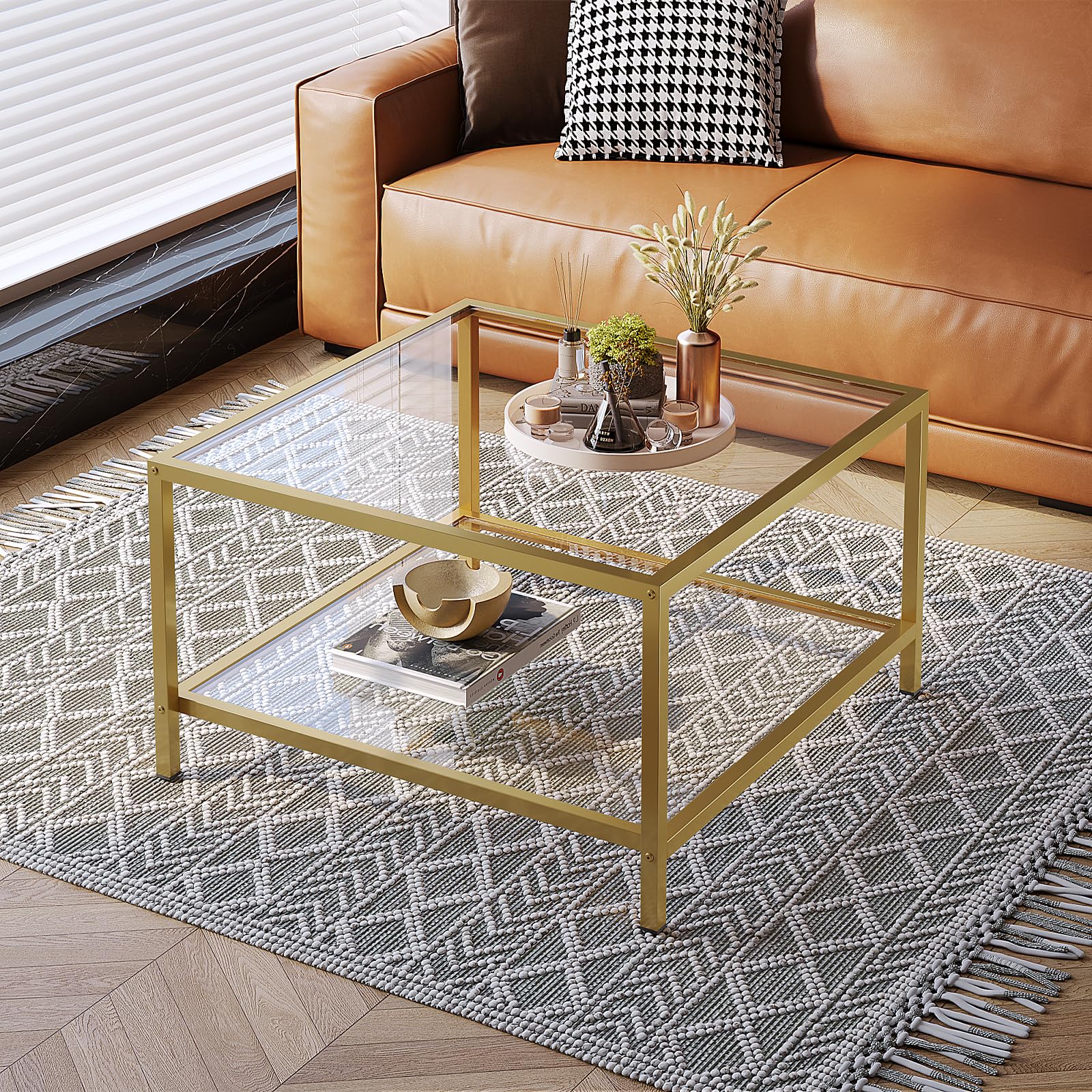 SAYGOER Modern Coffee Table Small Glass Coffee Table with Storage 2-Tier Simple Square Center Table for Living Room Home Office Sofa Table with Metal Frame 26.7 x 26.7 x 17.7 Inches, Gray Black