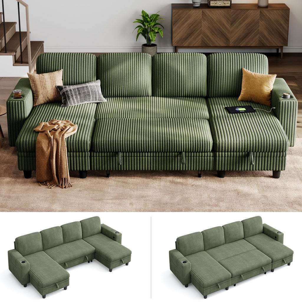 LINSY HOME Sectional Sleeper Sofa with Pull Out Couch Bed - Convertible Plush Corduroy Cloud Couch with Storage Chaise & USB Charging, Comfy Modular Couches for Living Room, Green