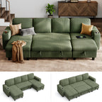 LINSY HOME Sectional Sleeper Sofa with Pull Out Couch Bed - Convertible Plush Corduroy Cloud Couch with Storage Chaise & USB Charging, Comfy Modular Couches for Living Room, Green